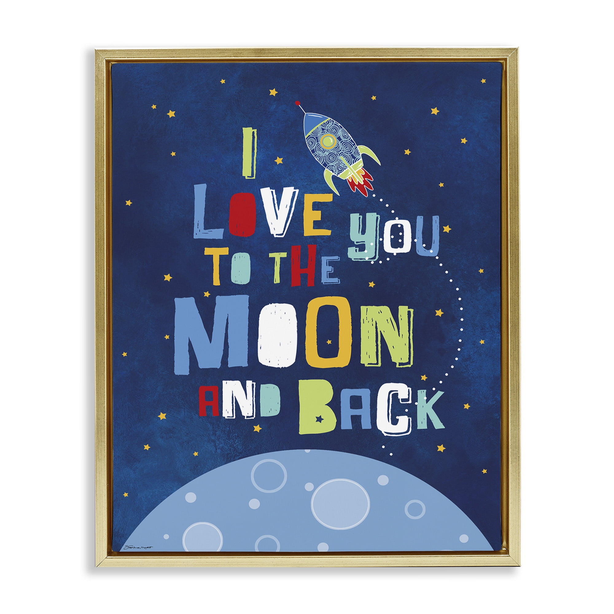 Stupell Industries Moon & Back with Rocket Ship Art for Kids Painting Gold Floater Framed Canvas Art Print Wall Art, 17 x 21