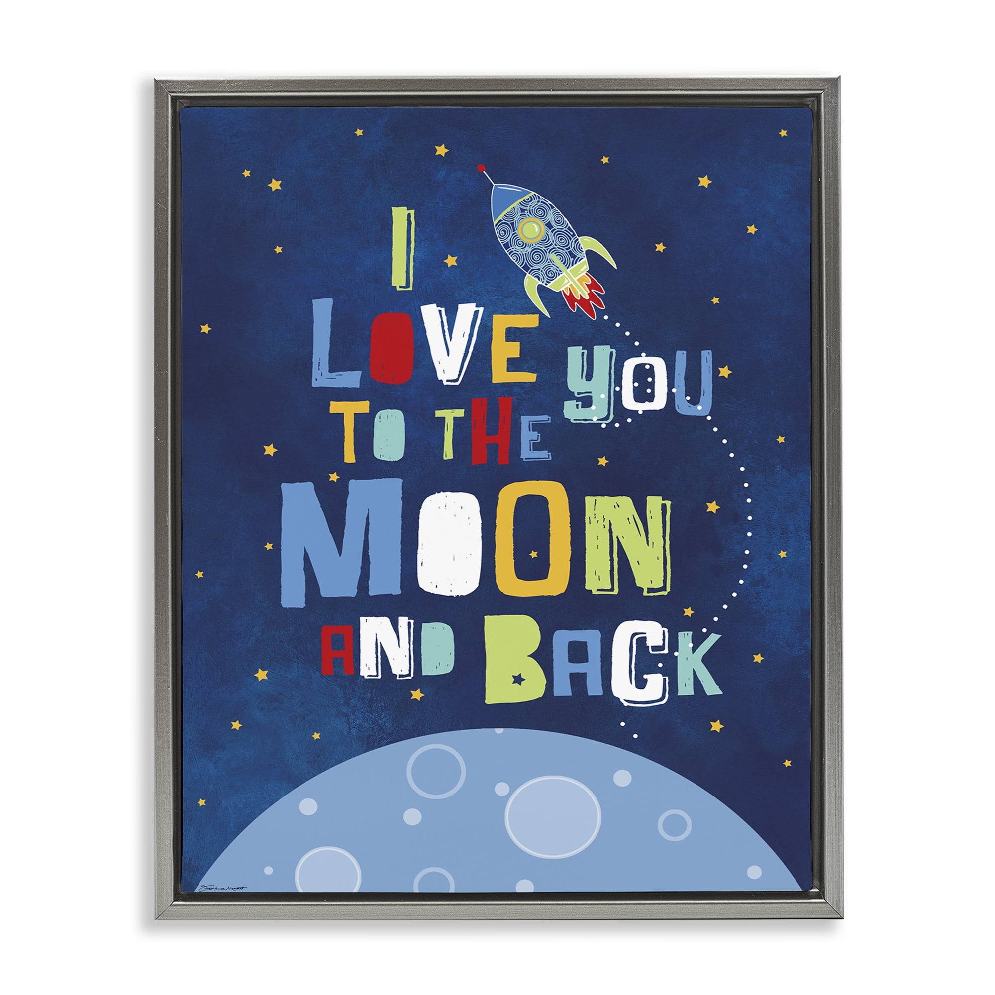 Stupell Industries Moon & Back with Rocket Ship Art for Kids Painting Gray Floater Framed Canvas Art Print Wall Art, 17 x 21