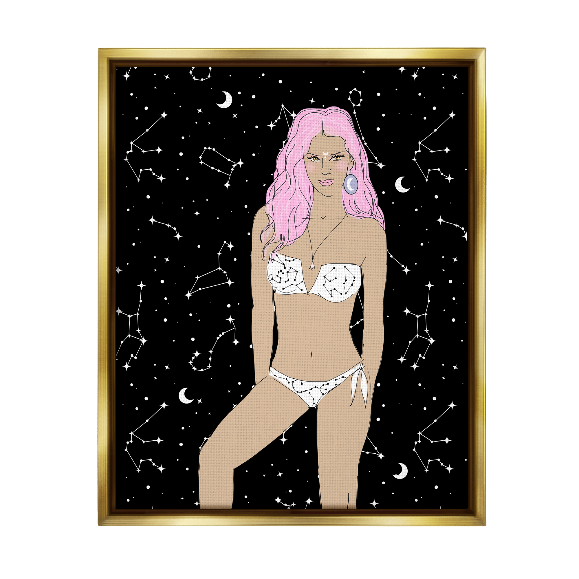 Stupell Industries Moon Girl Constellations Novelty Painting Gold Floater Framed Art Print Wall Art, 17 x 21