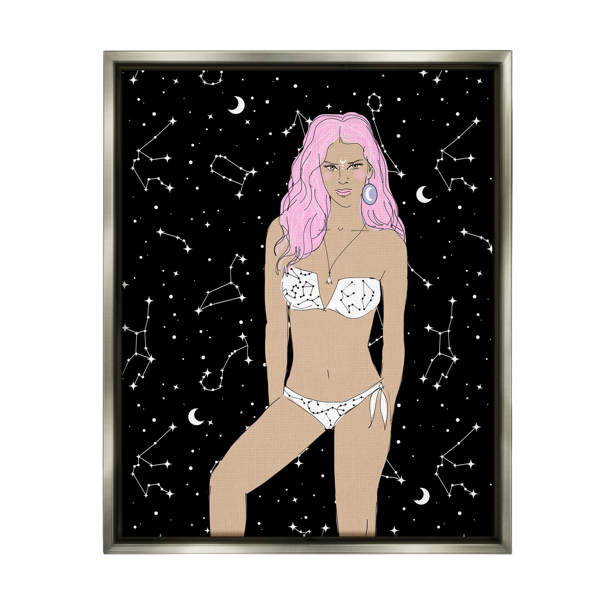 Stupell Industries Moon Girl Constellations Novelty Painting Gray Floater Framed Art Print Wall Art, 25 x 31