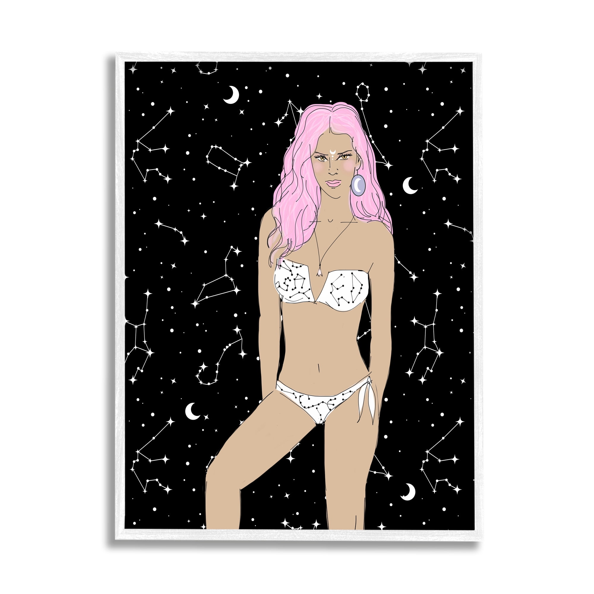 Stupell Industries Moon Girl Constellations Novelty Painting White Framed Art Print Wall Art, 11 x 14