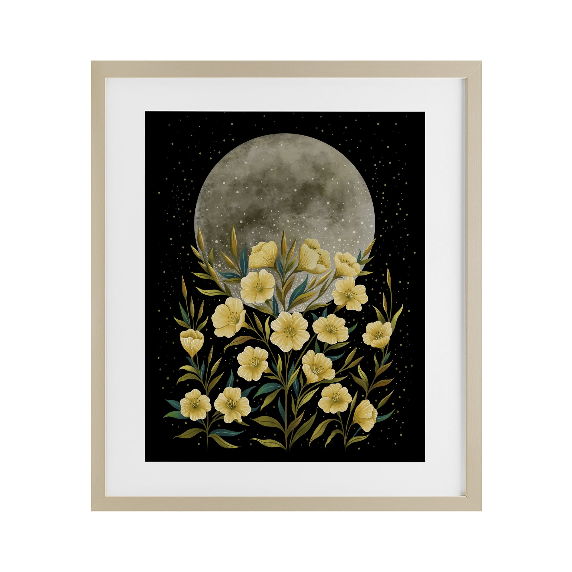 Stupell Industries Moon Greeting Yellow Flowers Birch Framed Print Under Glass, design by Episodic Drawings