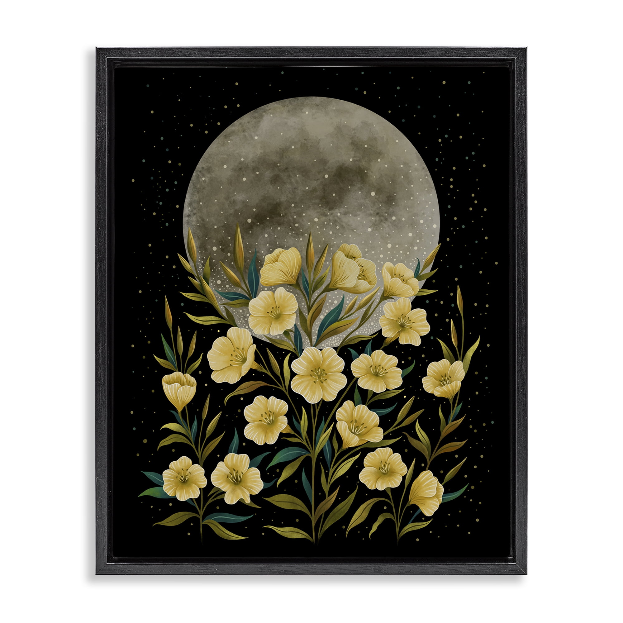 Stupell Industries Moon Greeting Yellow Flowers Black Framed Floater Canvas Wall Art, design by Episodic Drawings