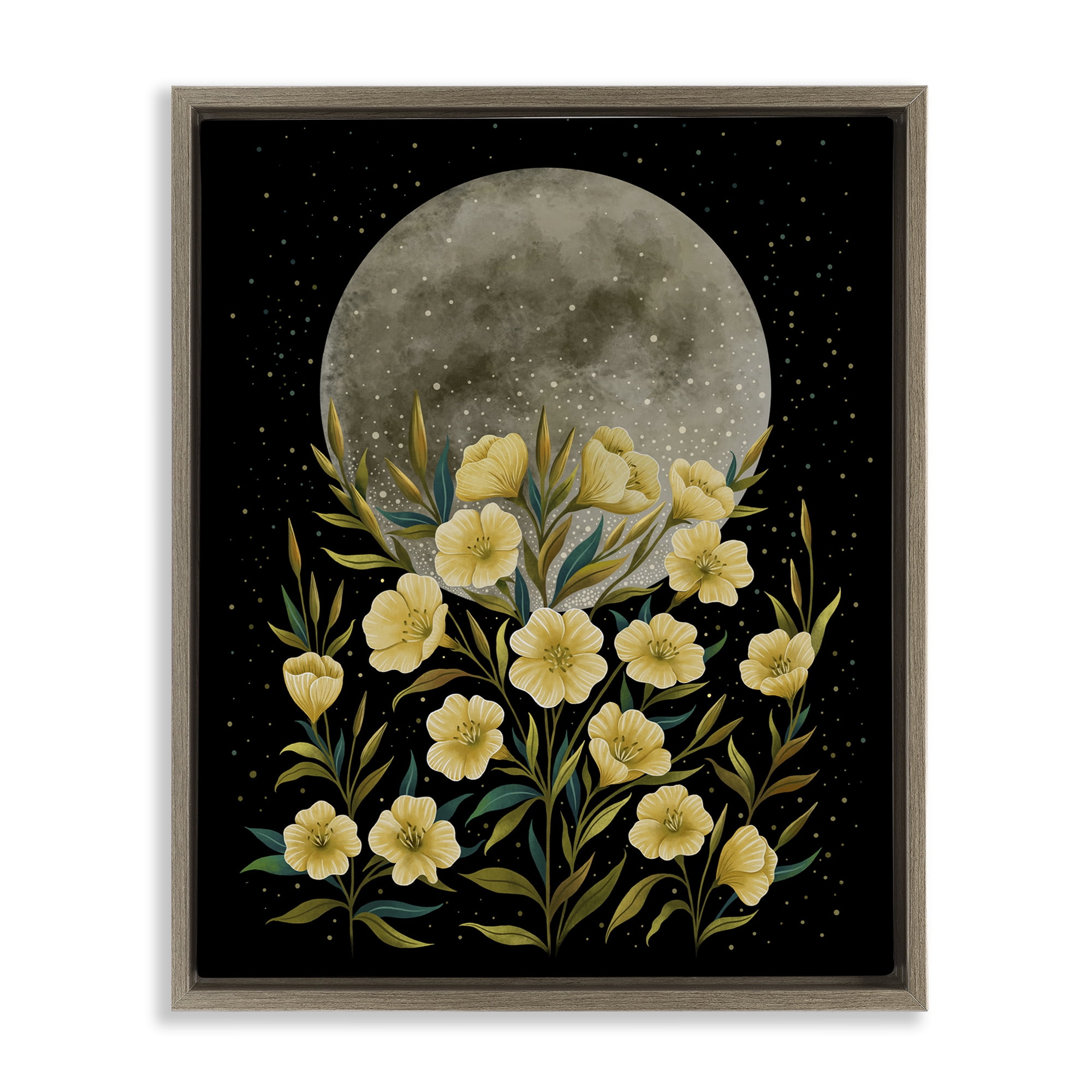 Stupell Industries Moon Greeting Yellow Flowers Brown Framed Floater Canvas Wall Art, design by Episodic Drawings