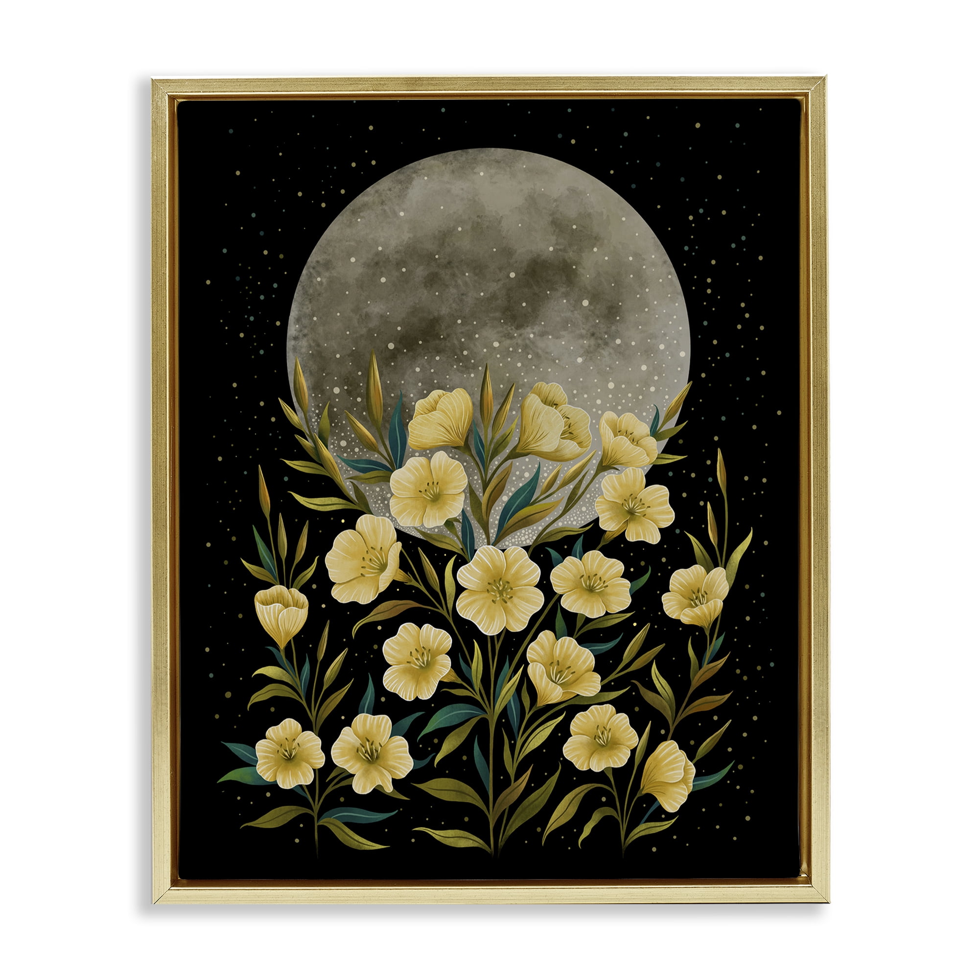 Stupell Industries Moon Greeting Yellow Flowers Gold Framed Floater Canvas Wall Art, design by Episodic Drawings