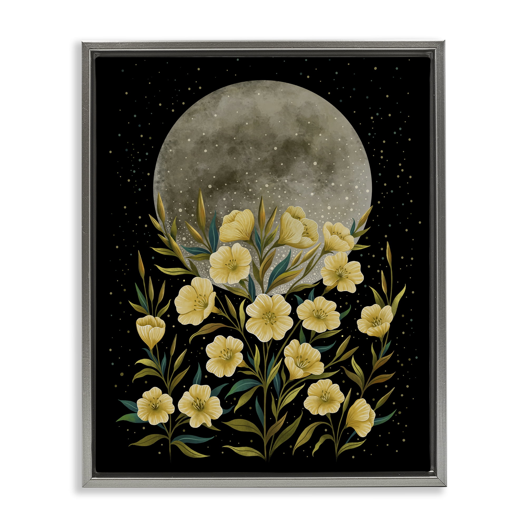 Stupell Industries Moon Greeting Yellow Flowers Gray Framed Floater Canvas Wall Art, design by Episodic Drawings