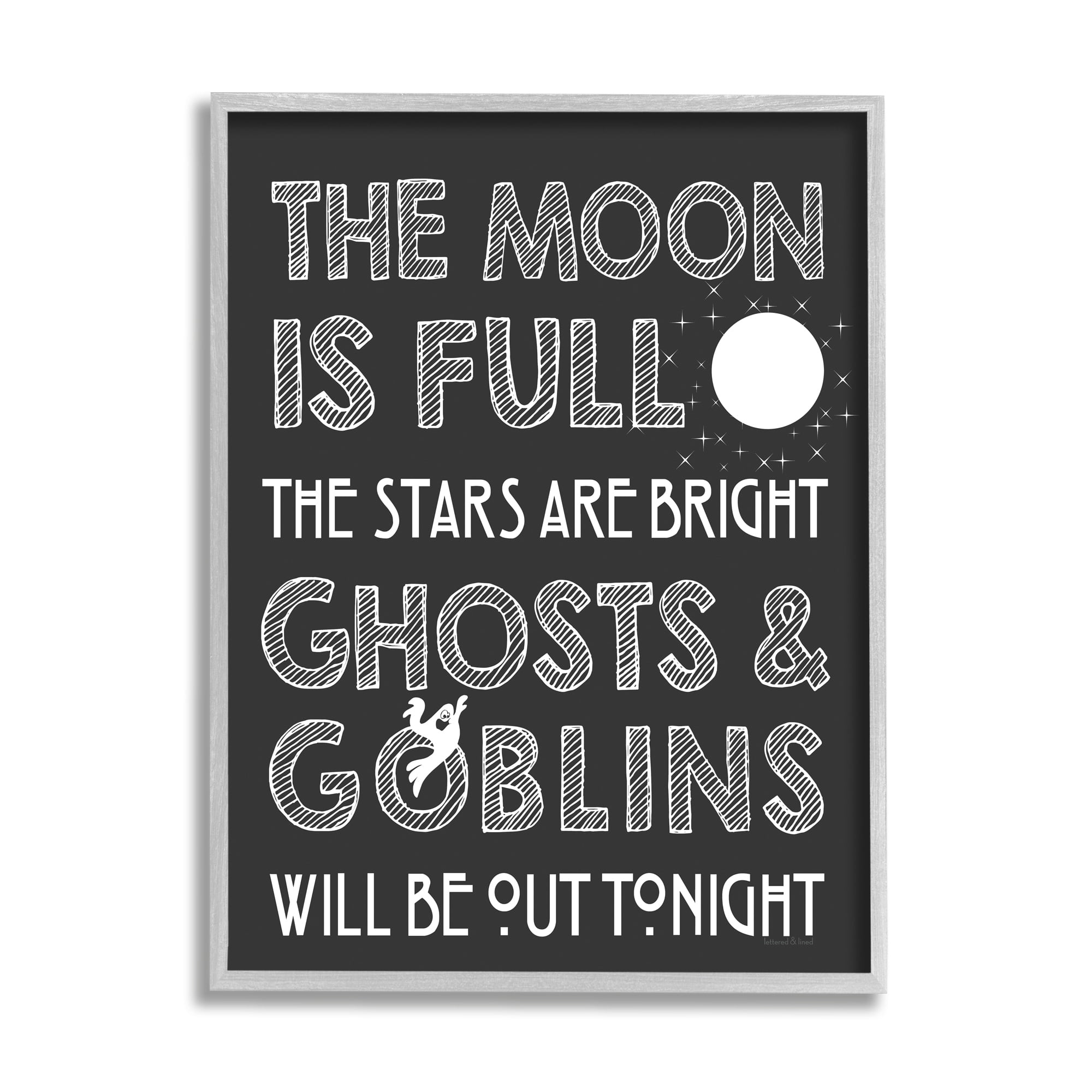 Stupell Industries Moon Is Full Stars Are Bright Halloween Phrase Graphic Art Gray Framed Art Print Wall Art, 24x30, by Lettered and Lined