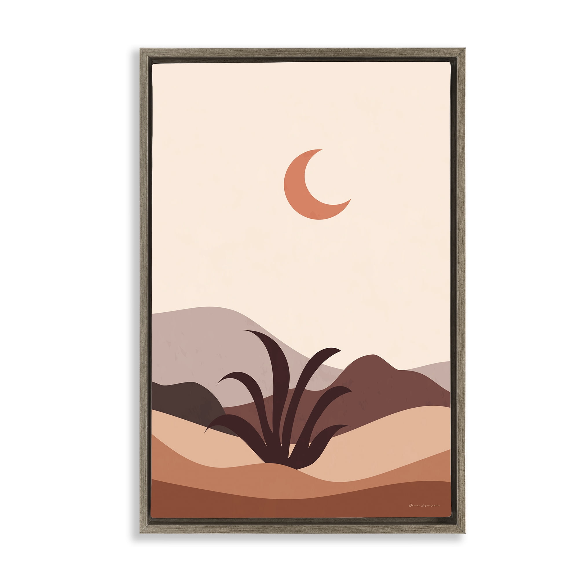 Stupell Industries Moon Over Desert Scene Landscape & Nature Painting Brown Floater Framed Canvas Art Print Wall Art, 17 x 25