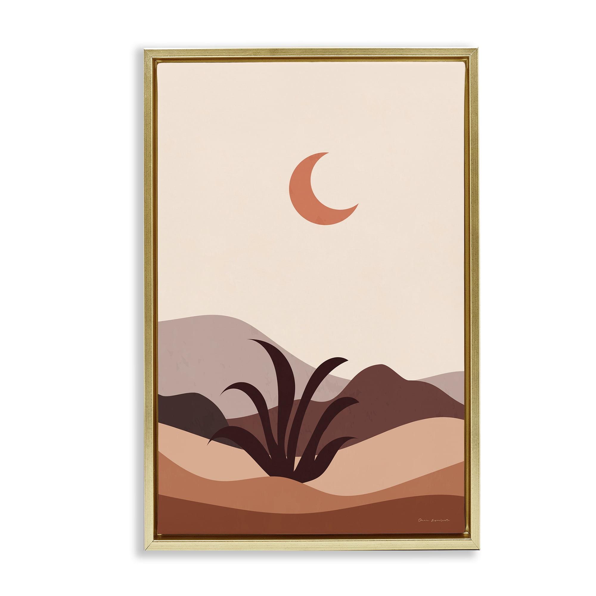 Stupell Industries Moon Over Desert Scene Landscape & Nature Painting Gold Floater Framed Canvas Art Print Wall Art, 17 x 25