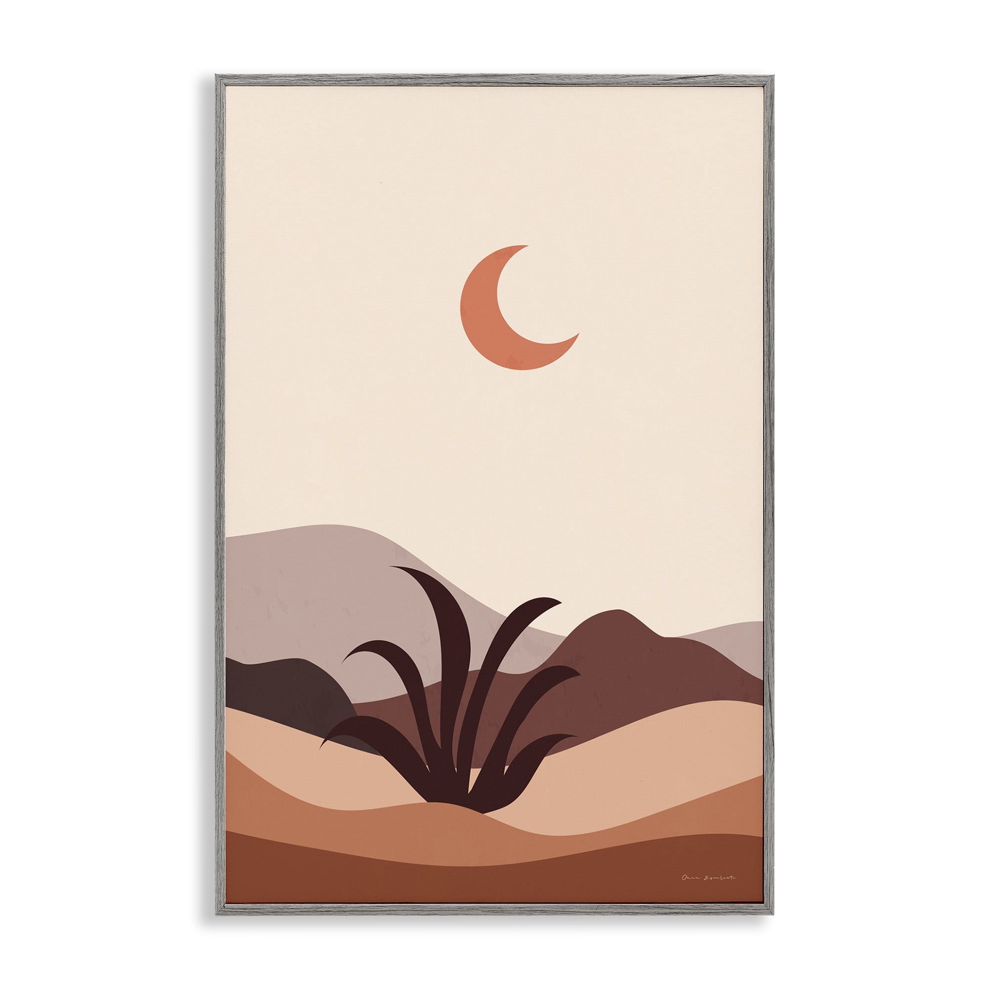 Stupell Industries Moon Over Desert Scene Landscape & Nature Painting Gray Framed Art Print Wall Art, 12 x 18