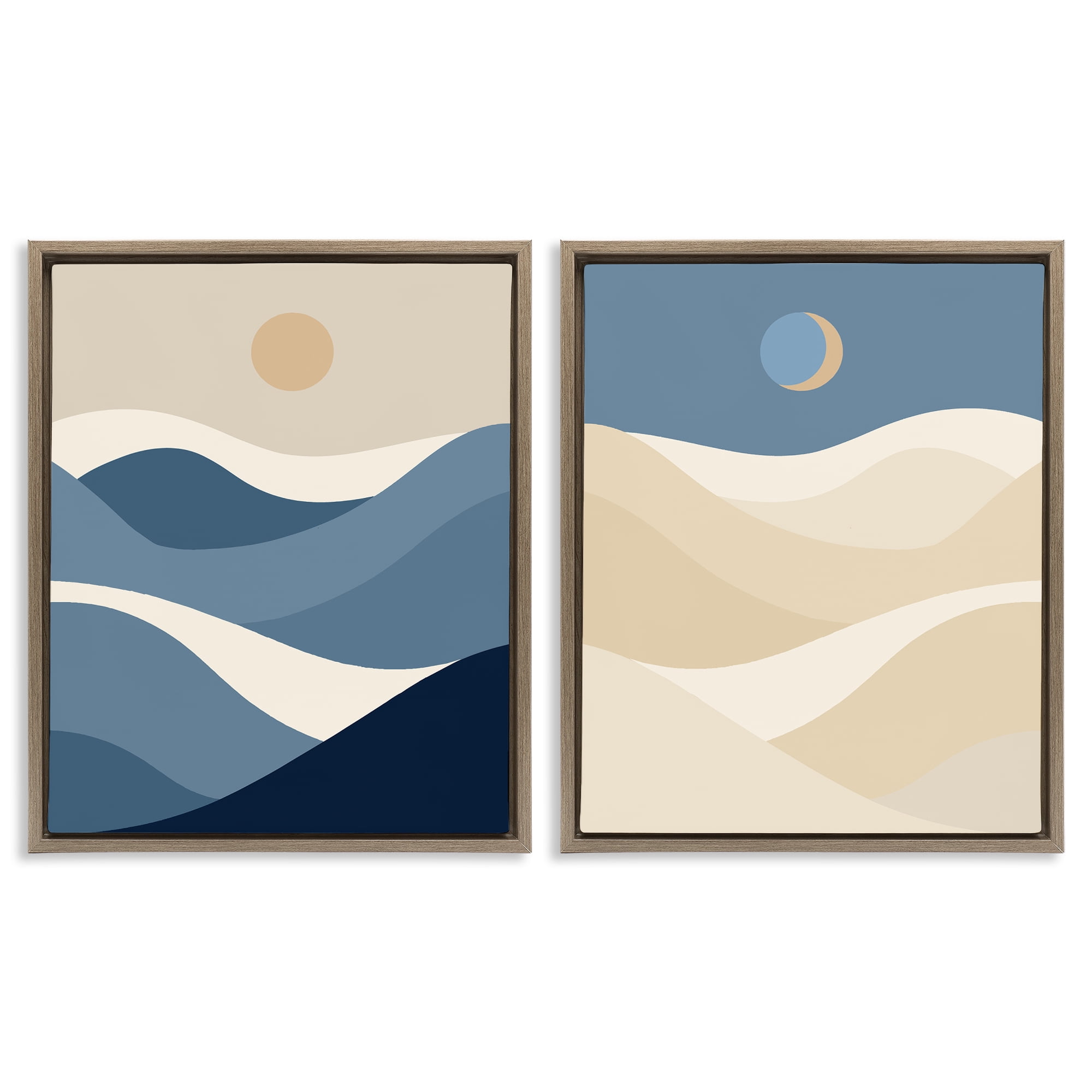 Stupell Industries Moon Over Soft Ripples Landscape & Nature Painting Brown Floater Framed Canvas Art Print Wall Art, 17 x 21, Set of 2