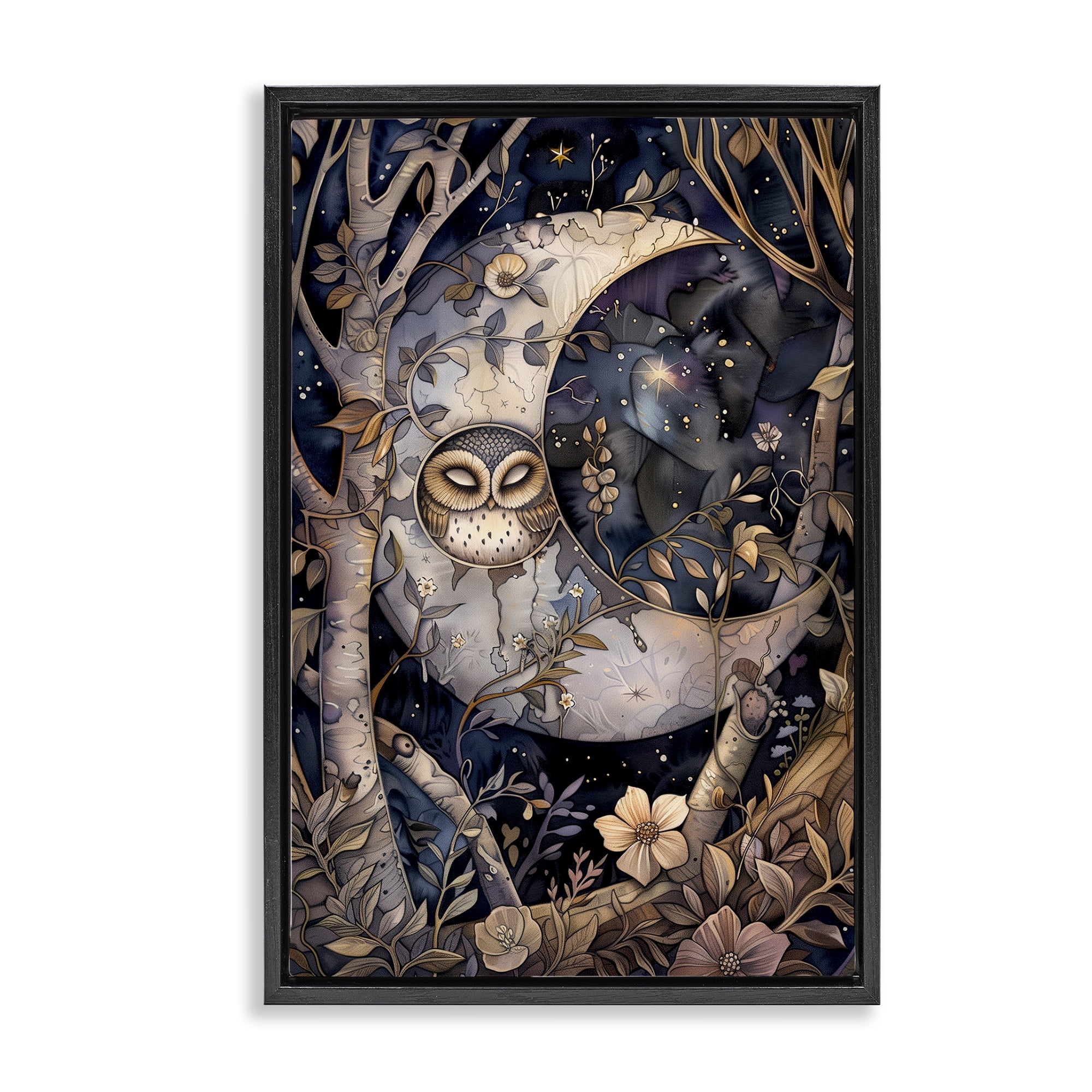 Stupell Industries Moon Owl Sleeping Animals & Insects Painting Black Floater Framed Art Print Wall Art, 21 x 31