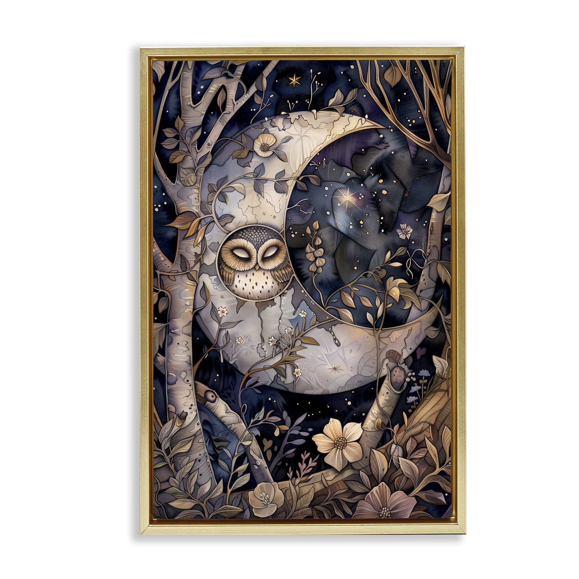 Stupell Industries Moon Owl Sleeping Animals & Insects Painting Gold Floater Framed Art Print Wall Art, 21 x 31
