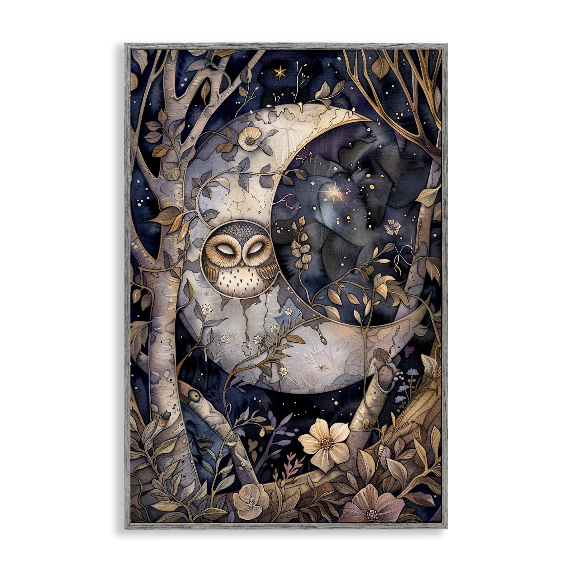 Stupell Industries Moon Owl Sleeping Animals & Insects Painting Gray Framed Art Print Wall Art, 12 x 18