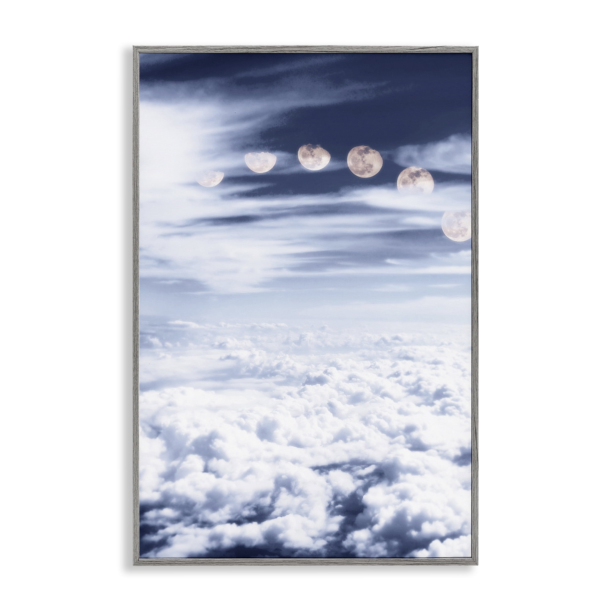 Stupell Industries Moon Phases Over Clouds Landscape Painting Gray Framed Art Print Wall Art, 12 x 18