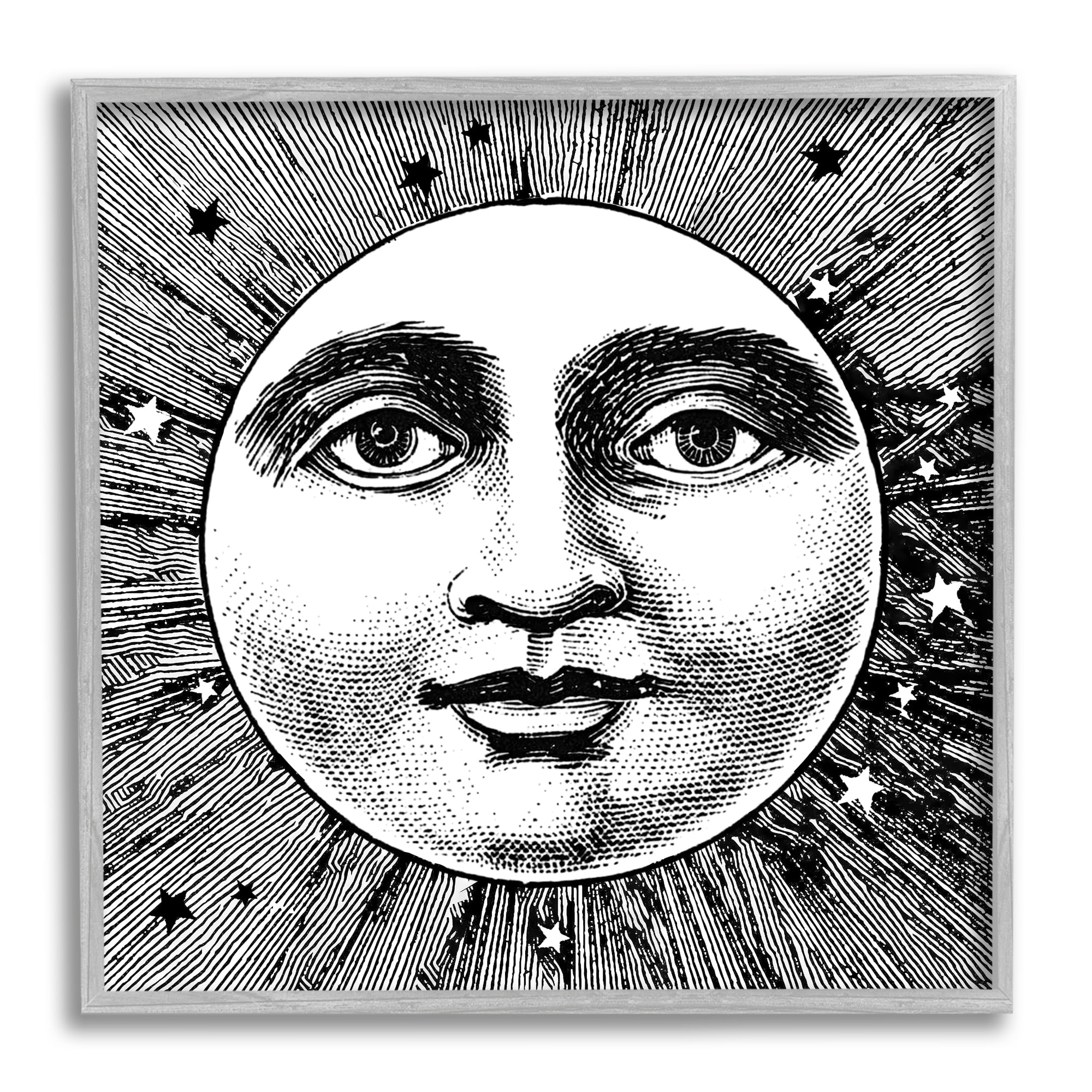 Stupell Industries Moon & Stars Face Landscape Painting Gray Framed Art Print Wall Art, 12 x 12