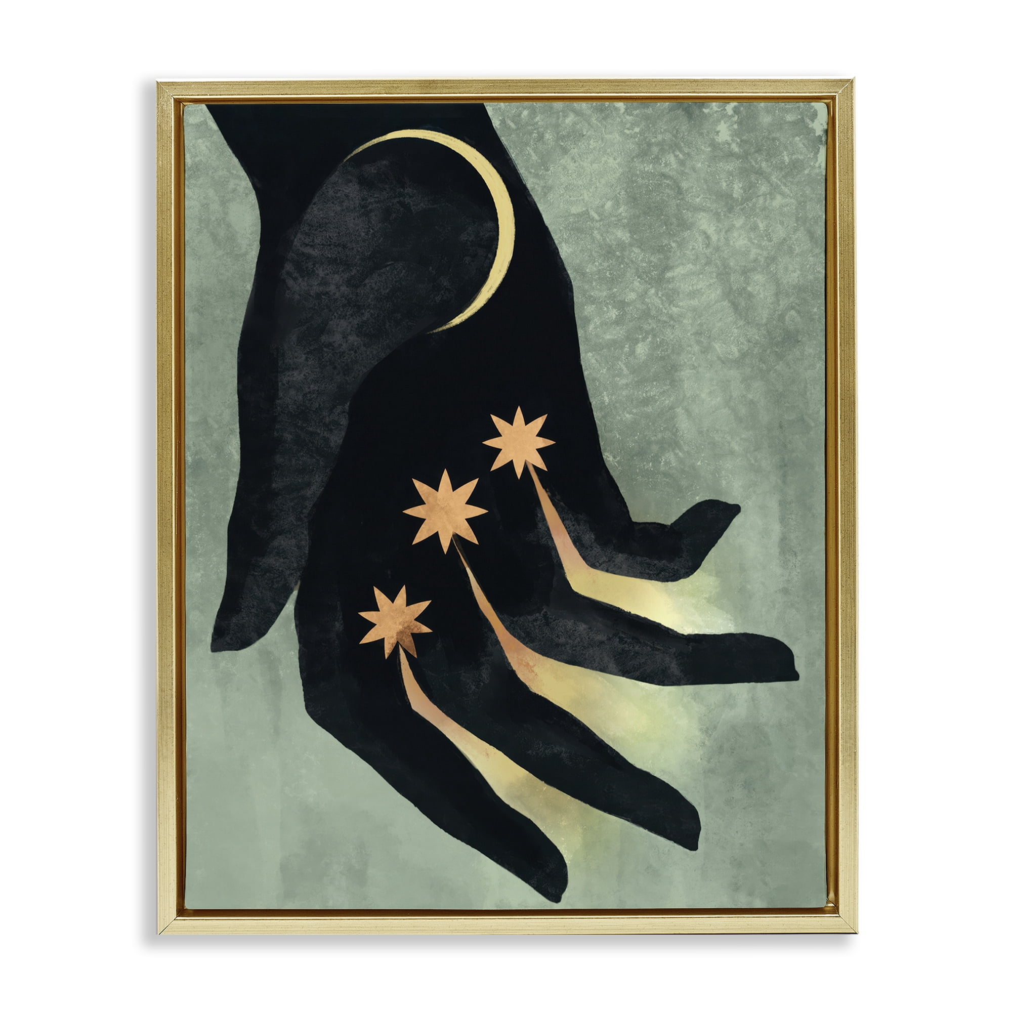 Stupell Industries Moon & Stars Hand Astrology & Stars Painting Gold Floater Framed Canvas Art Print Wall Art, 25 x 31