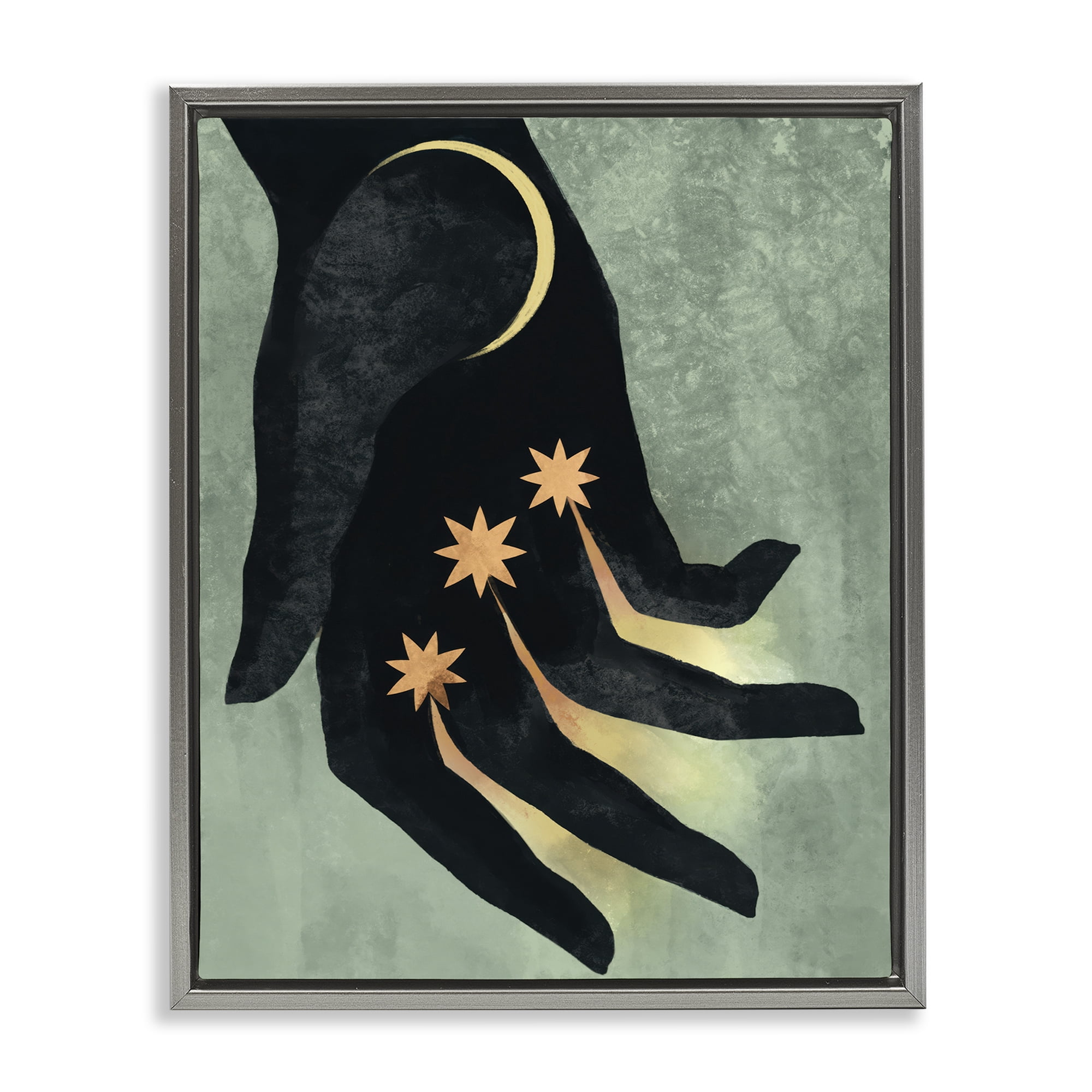 Stupell Industries Moon & Stars Hand Astrology & Stars Painting Gray Floater Framed Canvas Art Print Wall Art, 25 x 31