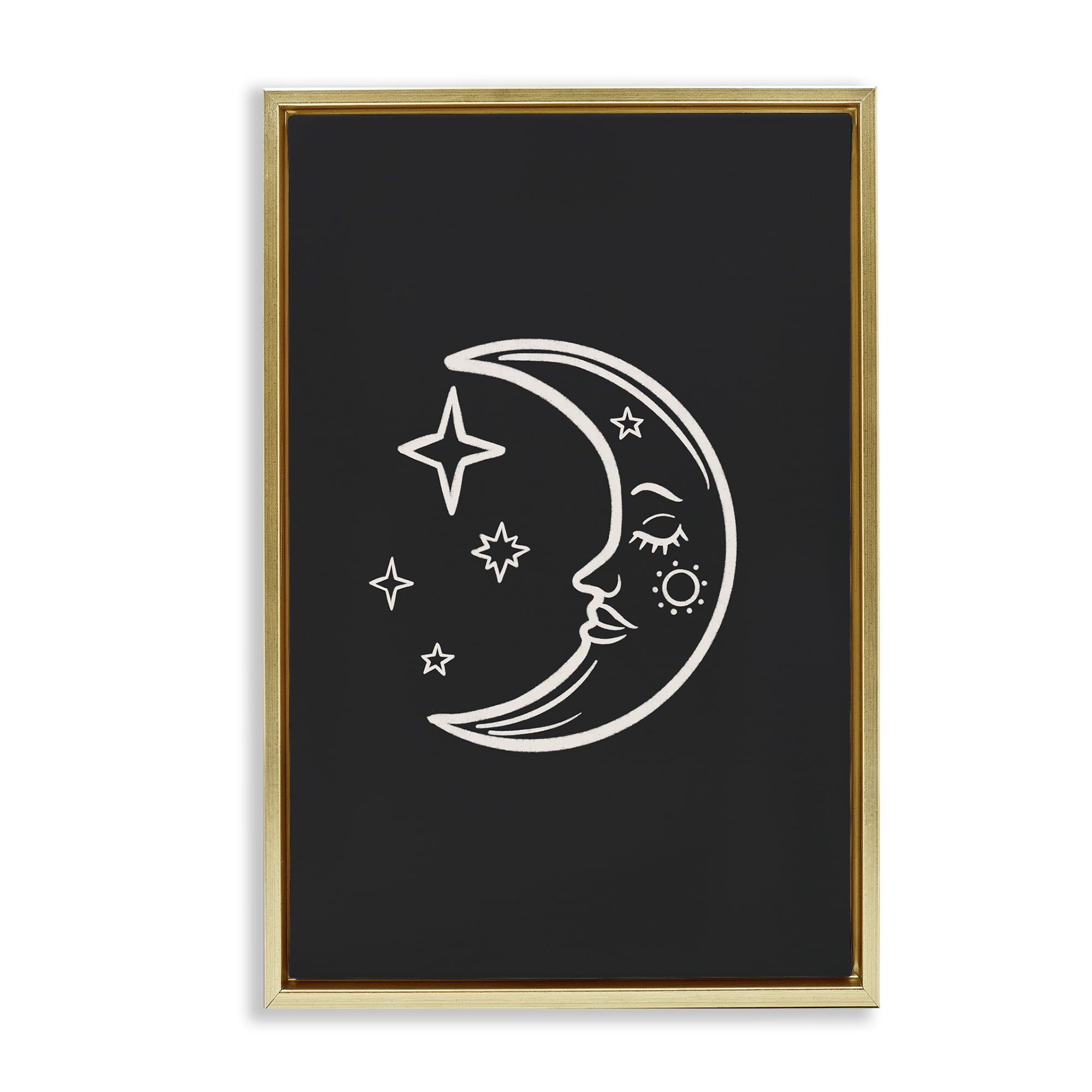 Stupell Industries Moon & Stars on Black Astrology & Stars Painting Gold Floater Framed Canvas Art Print Wall Art, 17 x 25