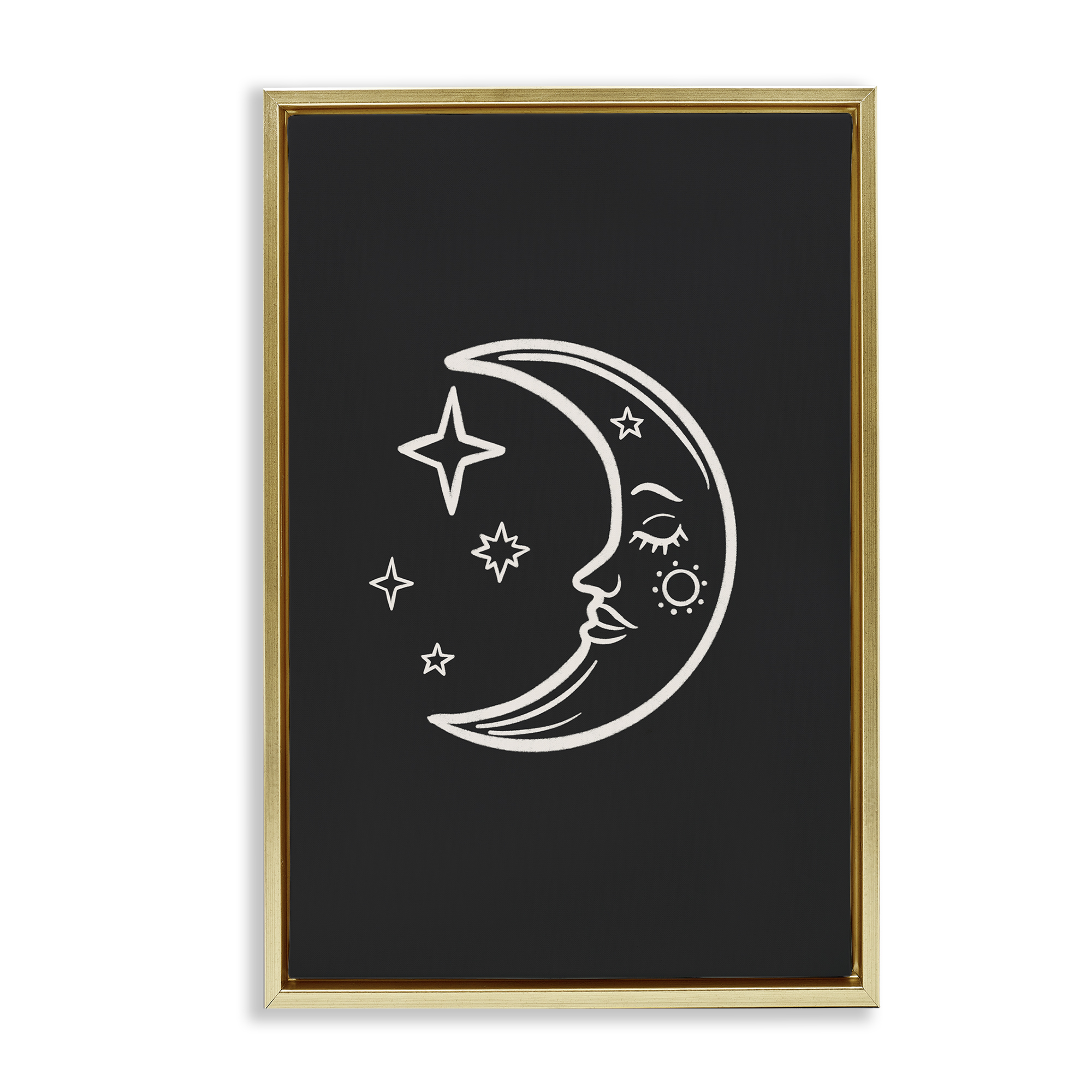 Stupell Industries Moon & Stars on Black Astrology & Stars Painting Gold Floater Framed Canvas Art Print Wall Art, 21 x 31
