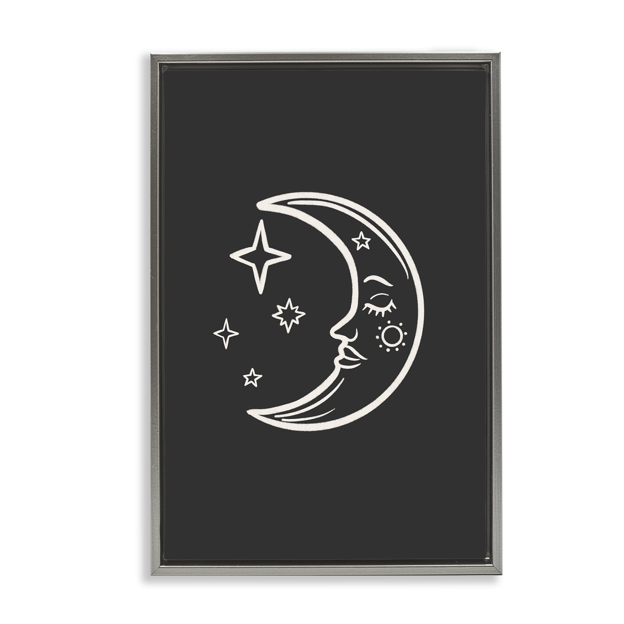 Stupell Industries Moon & Stars on Black Astrology & Stars Painting Gray Floater Framed Canvas Art Print Wall Art, 21 x 31