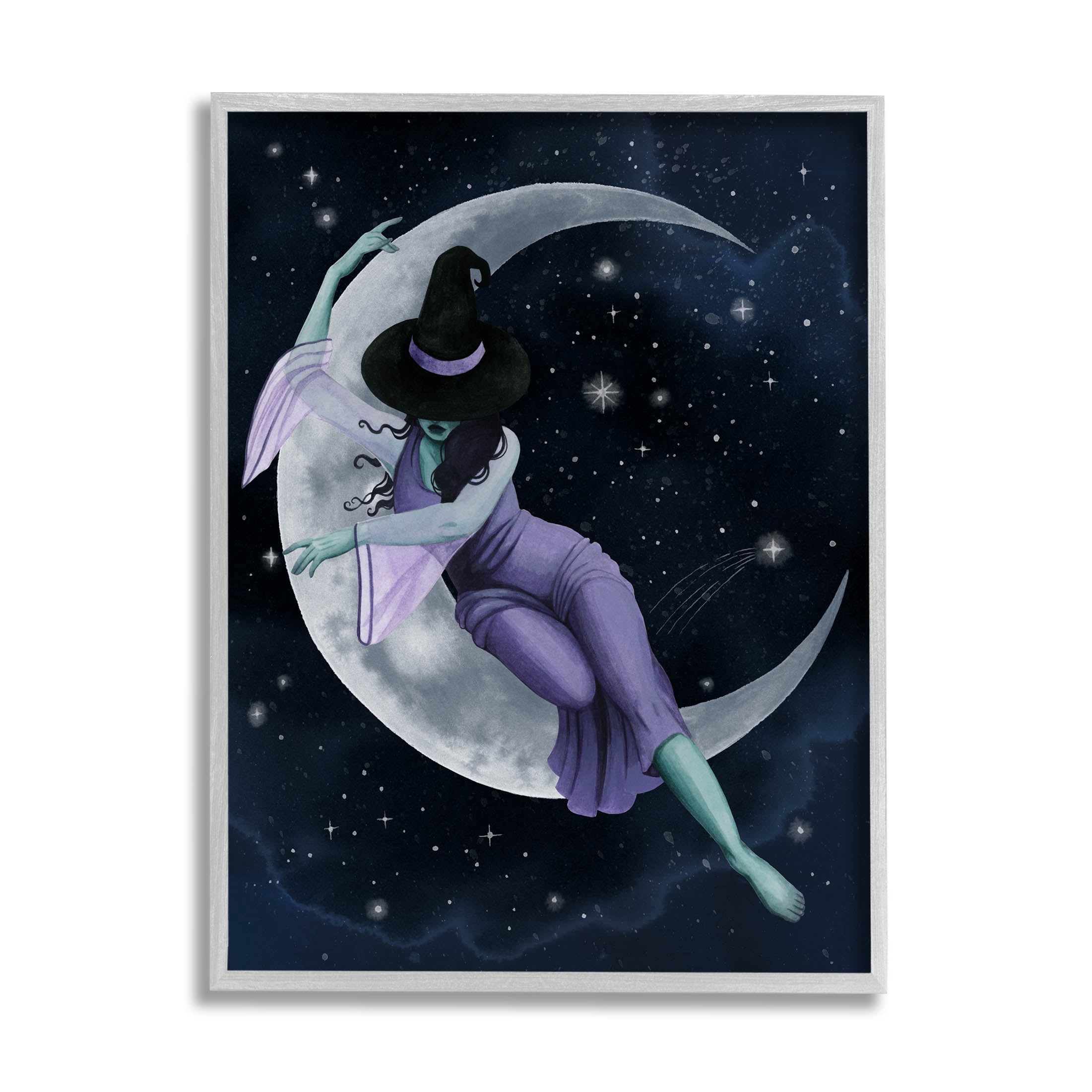Stupell Industries Moon Witch Starry Night Sky Painting Gray Framed Art Print Wall Art, Design by Grace Popp