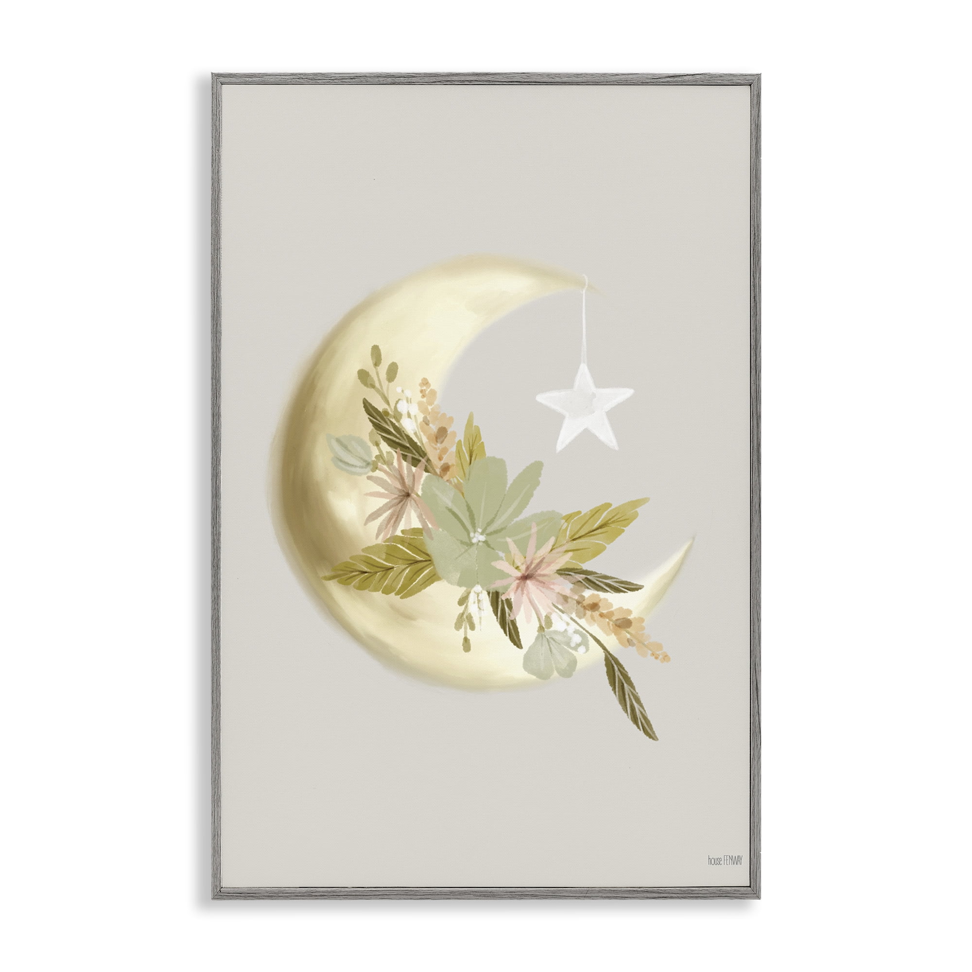Stupell Industries Moon with Flowers Landscape Painting Gray Framed Art Print Wall Art, 16 x 24