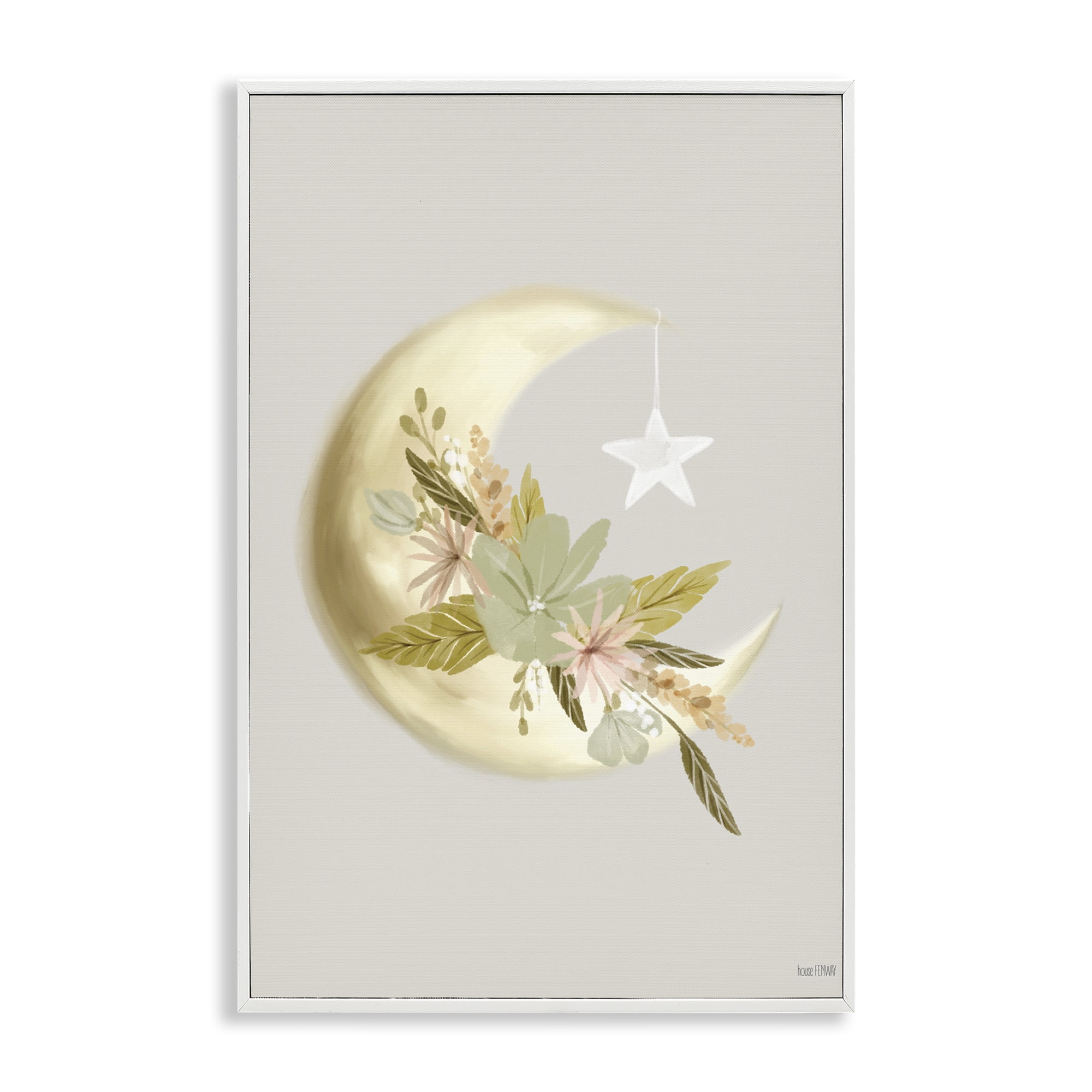 Stupell Industries Moon with Flowers Landscape Painting White Framed Art Print Wall Art, 20 x 30