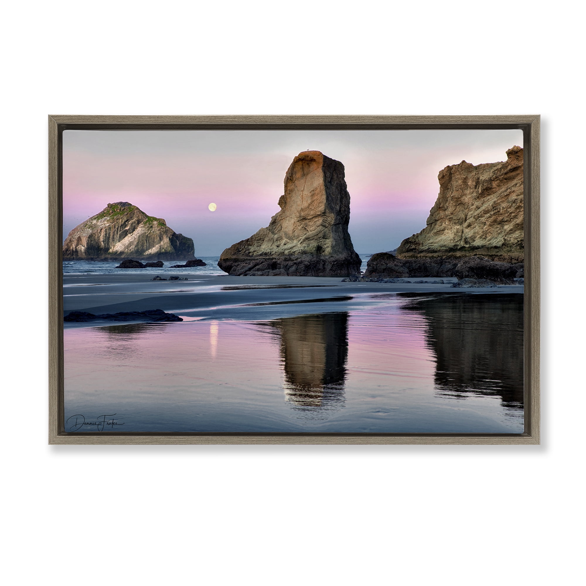 Stupell Industries Moonlit Beach Cliffs Landscape Photography Brown Floater Framed Canvas Art Print Wall Art, 31 x 21