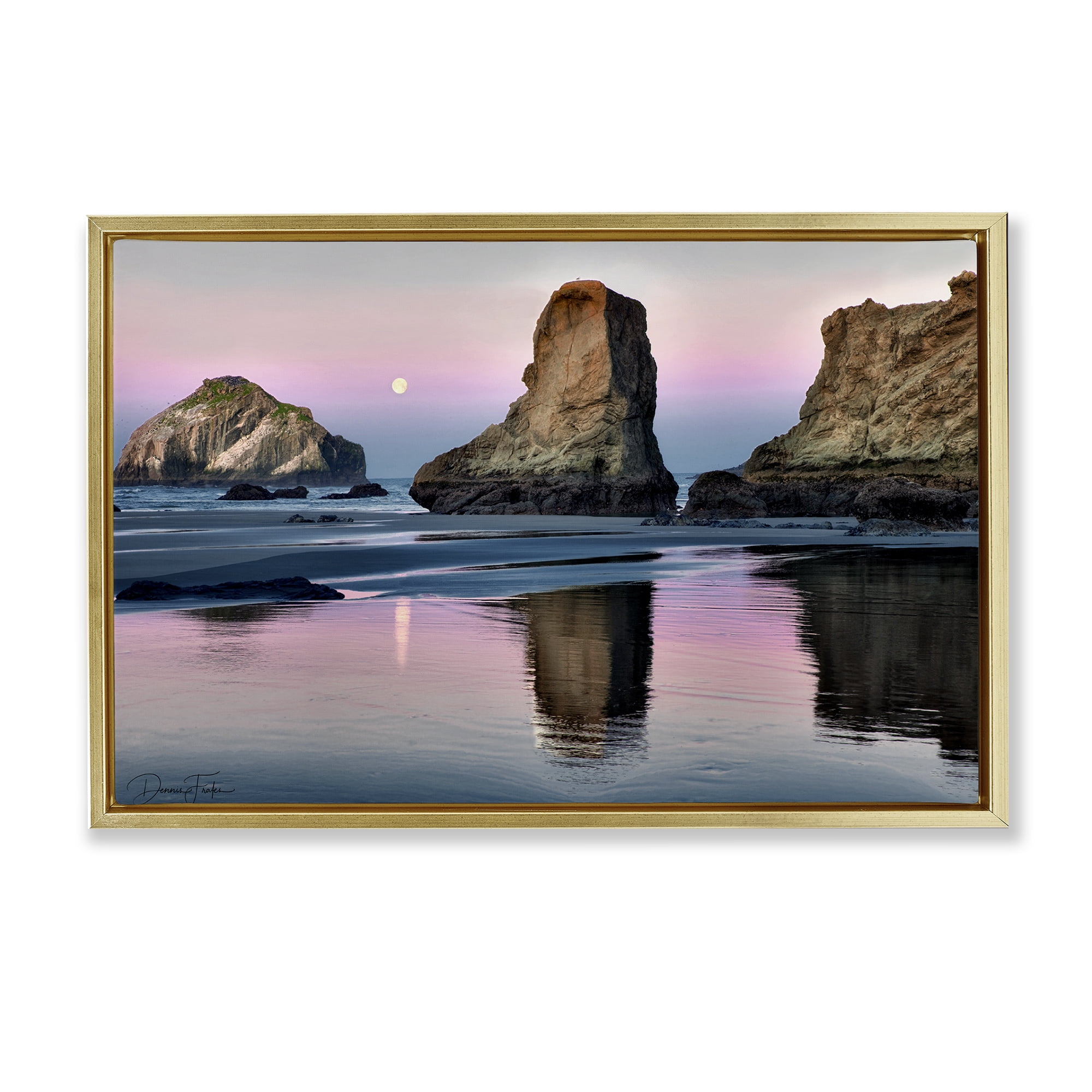 Stupell Industries Moonlit Beach Cliffs Landscape Photography Gold Floater Framed Canvas Art Print Wall Art, 31 x 21