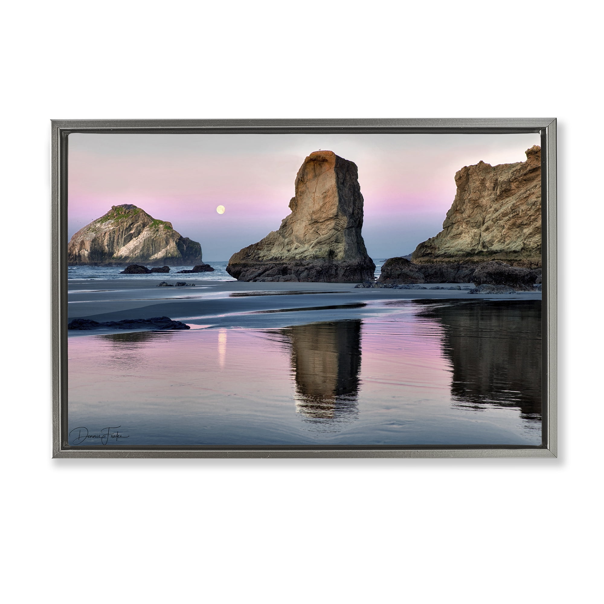 Stupell Industries Moonlit Beach Cliffs Landscape Photography Gray Floater Framed Canvas Art Print Wall Art, 25 x 17