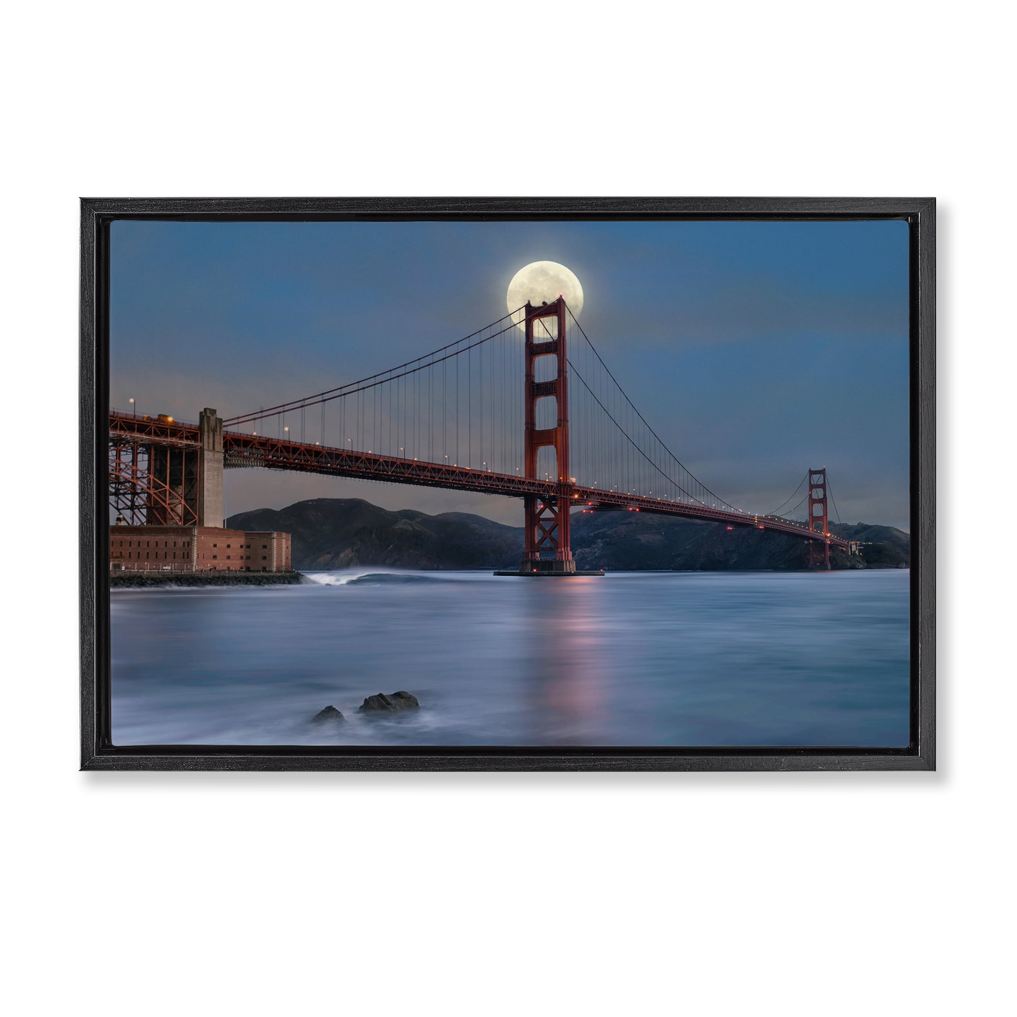 Stupell Industries Moonlit Bridge Landmark Scenic & Cityscapes Painting Black Floater Framed Canvas Art Print Wall Art, 25 x 17