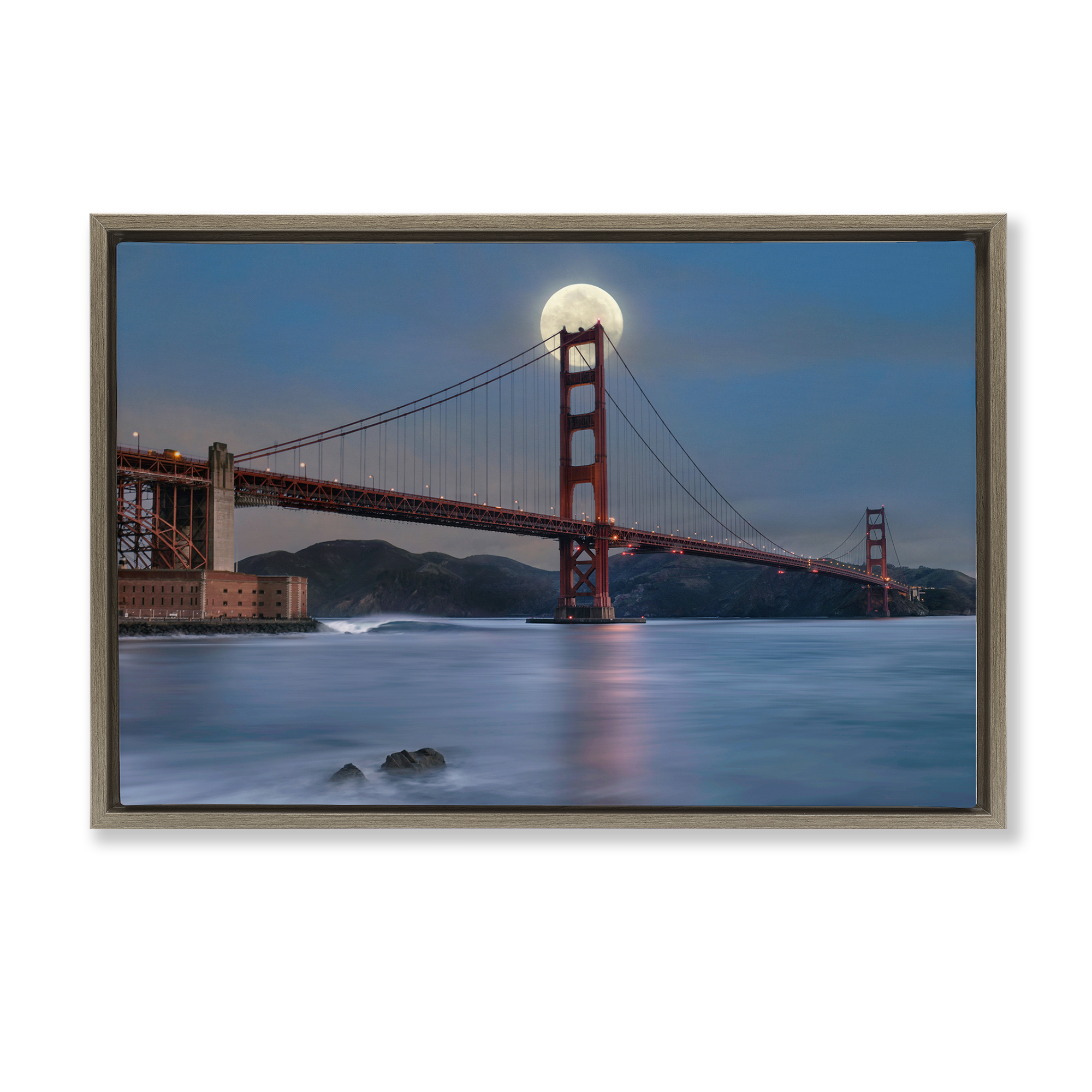 Stupell Industries Moonlit Bridge Landmark Scenic & Cityscapes Painting Brown Floater Framed Canvas Art Print Wall Art, 31 x 21