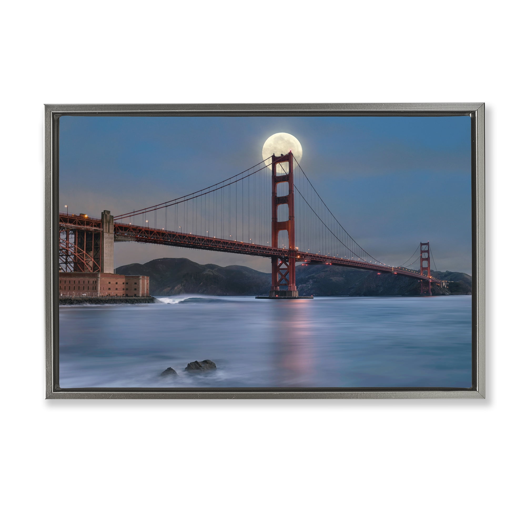 Stupell Industries Moonlit Bridge Landmark Scenic & Cityscapes Painting Gray Floater Framed Canvas Art Print Wall Art, 25 x 17
