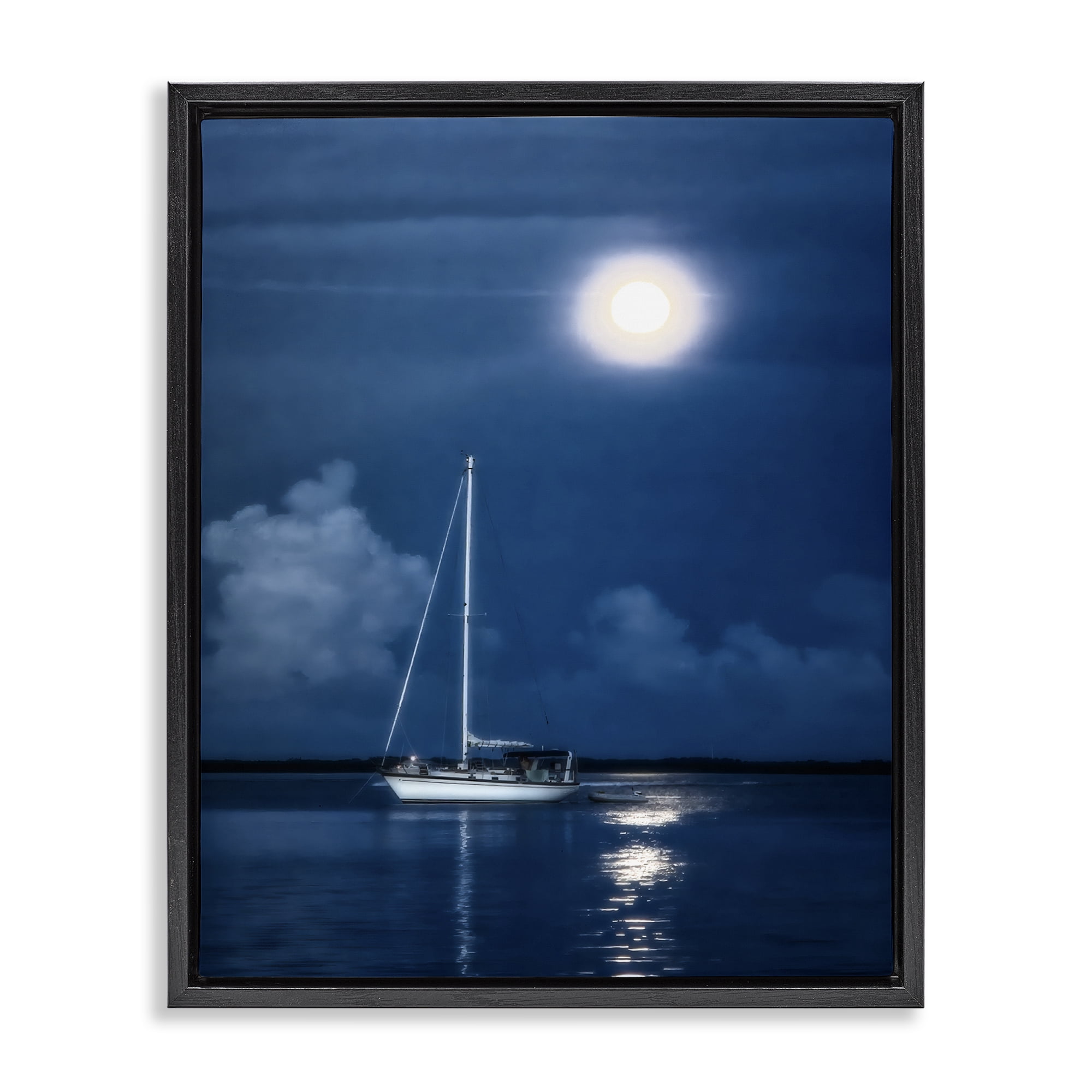 Stupell Industries Moonlit Nighttime Sailing Nautical & Beach Photography Black Floater Framed Canvas Art Print Wall Art, 17 x 21