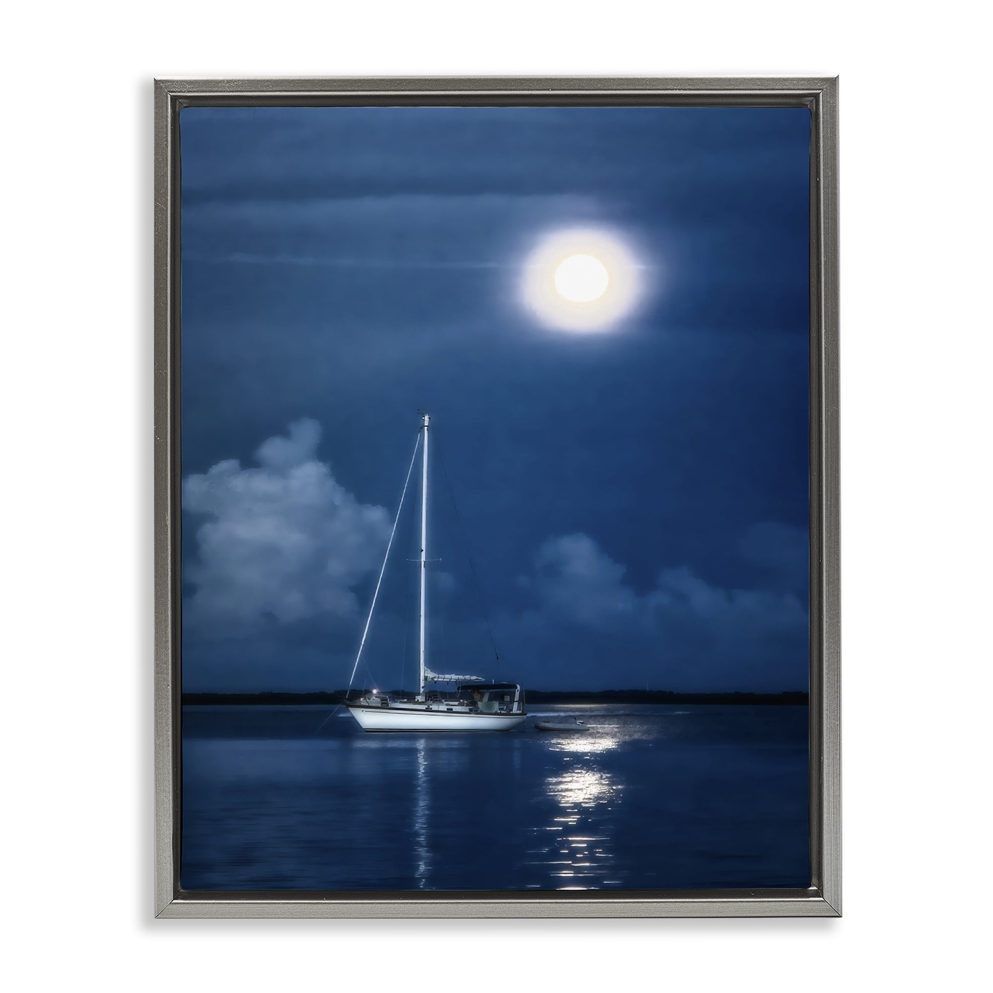 Stupell Industries Moonlit Nighttime Sailing Nautical & Beach Photography Gray Floater Framed Canvas Art Print Wall Art, 25 x 31