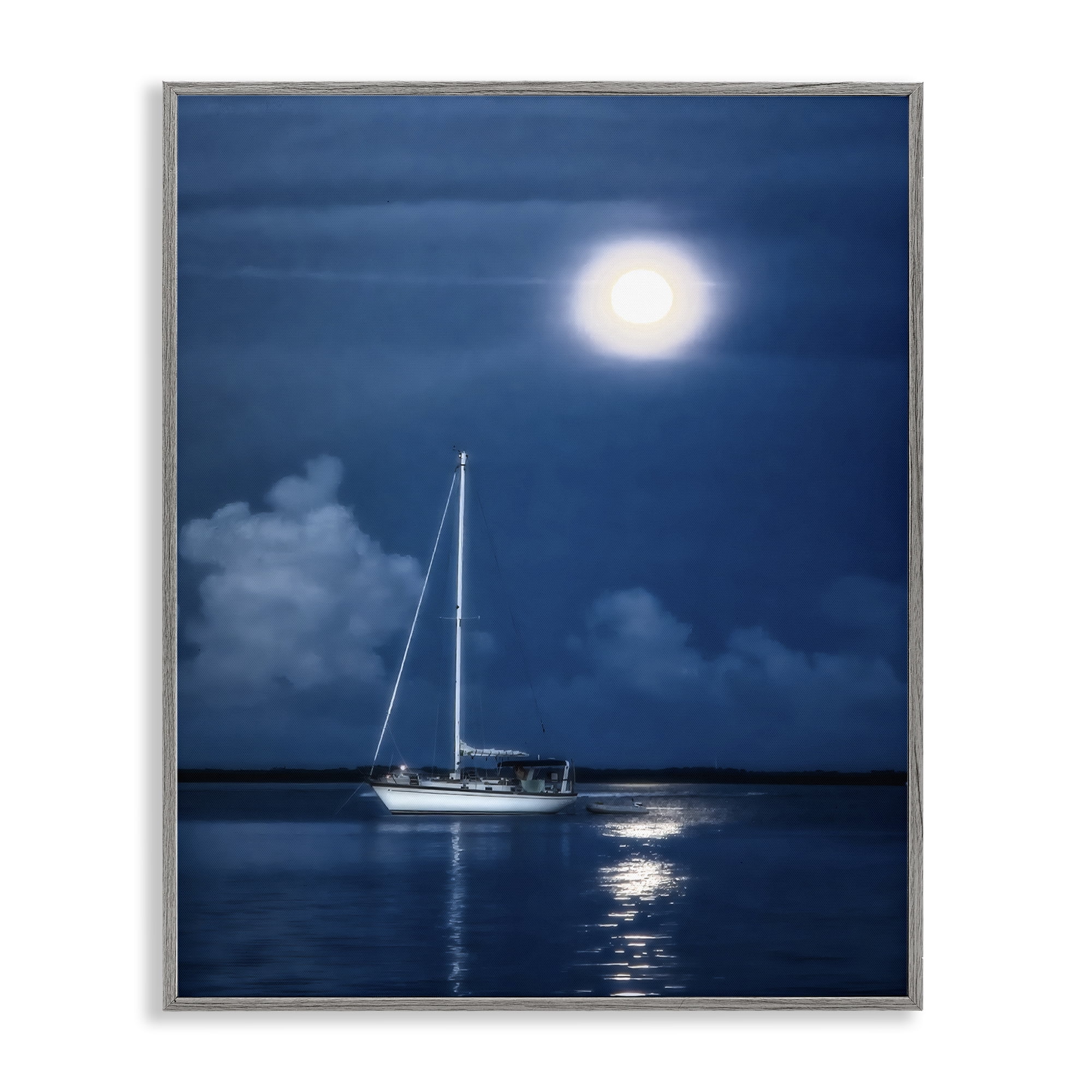 Stupell Industries Moonlit Nighttime Sailing Nautical & Beach Photography Gray Framed Art Print Wall Art, 16 x 20