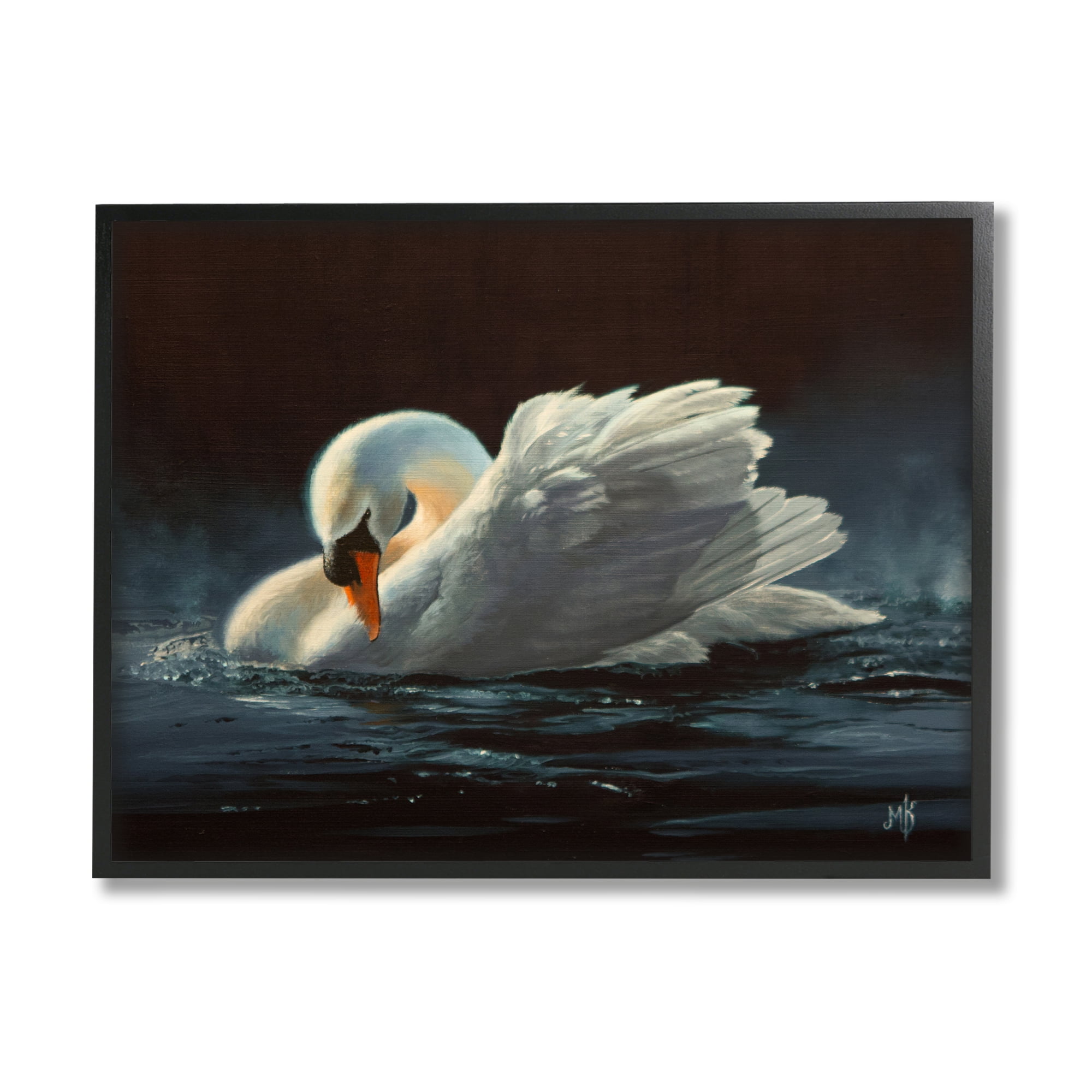 Stupell Industries Moonlit Swan Painting Animals & Insects Painting Black Framed Art Print Wall Art, 30 x 24
