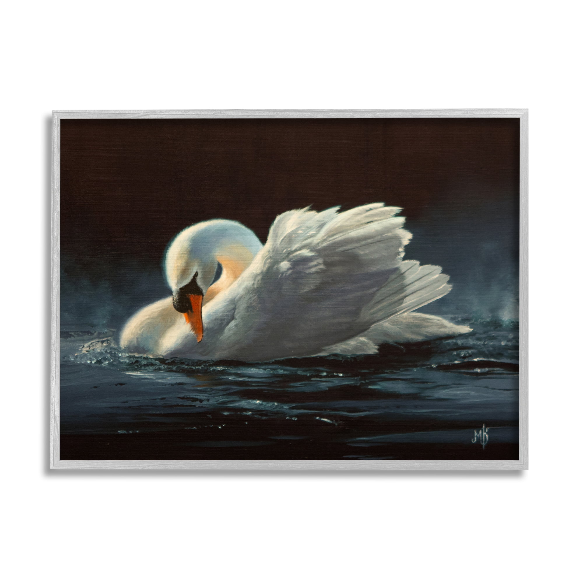 Stupell Industries Moonlit Swan Painting Animals & Insects Painting Gray Framed Art Print Wall Art, 30 x 24