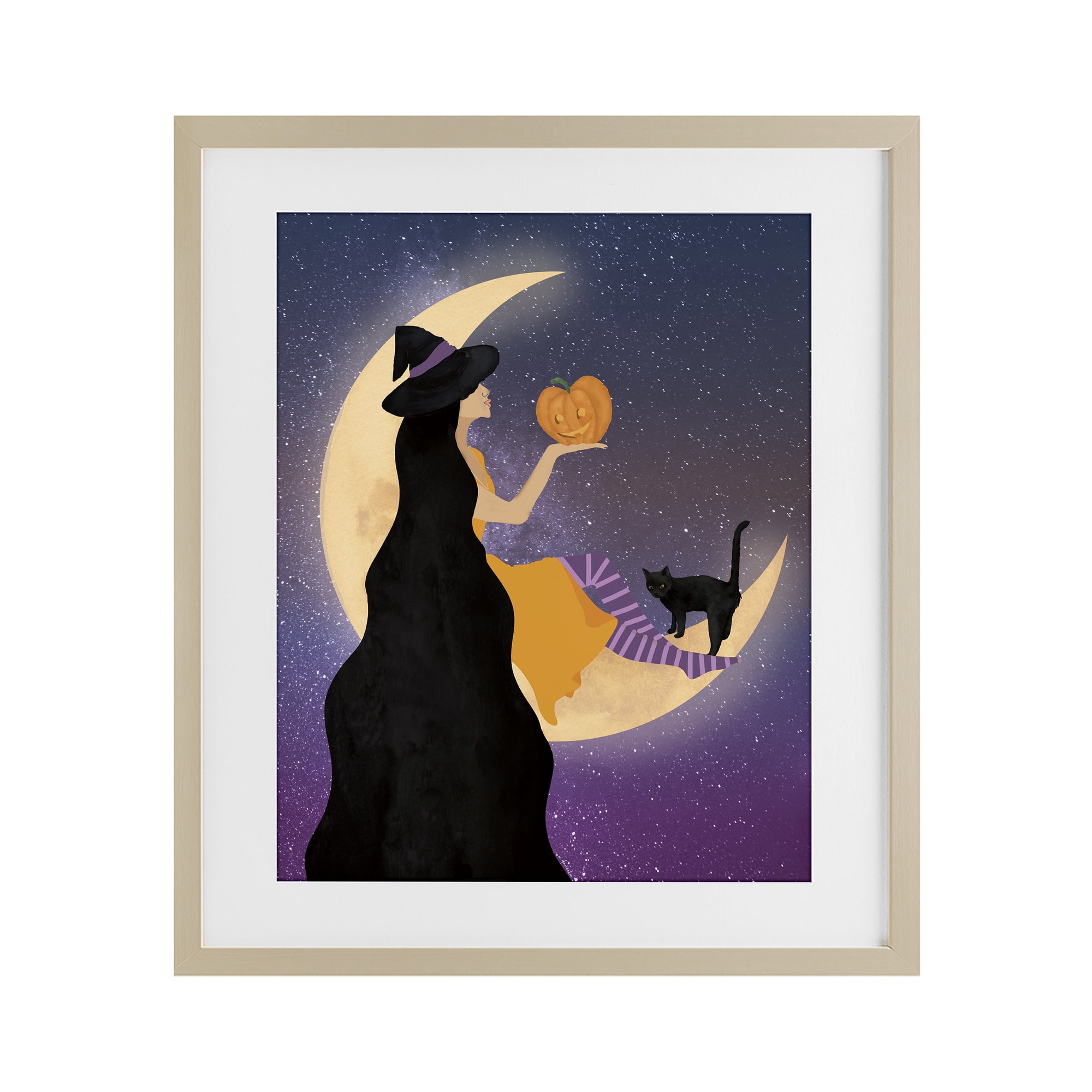 Stupell Industries Moonlit Witch Holding Jack-o-Lantern Birch Framed Print Under Glass, design by Daniela Santiago