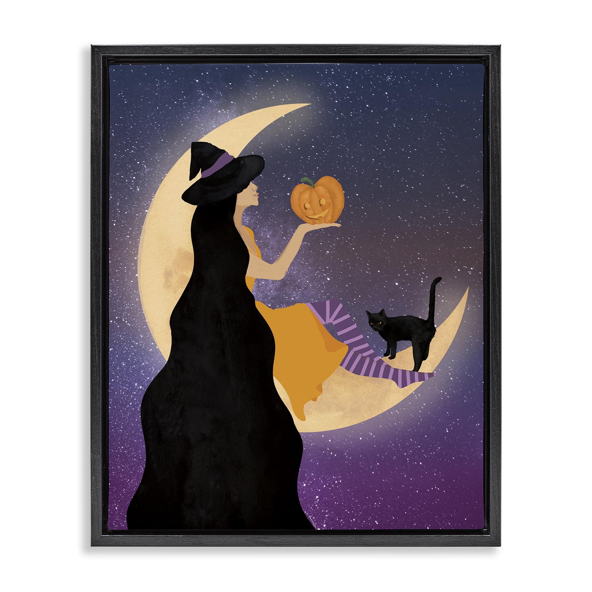 Stupell Industries Moonlit Witch Holding Jack-o-Lantern Black Framed Floater Canvas Wall Art, design by Daniela Santiago