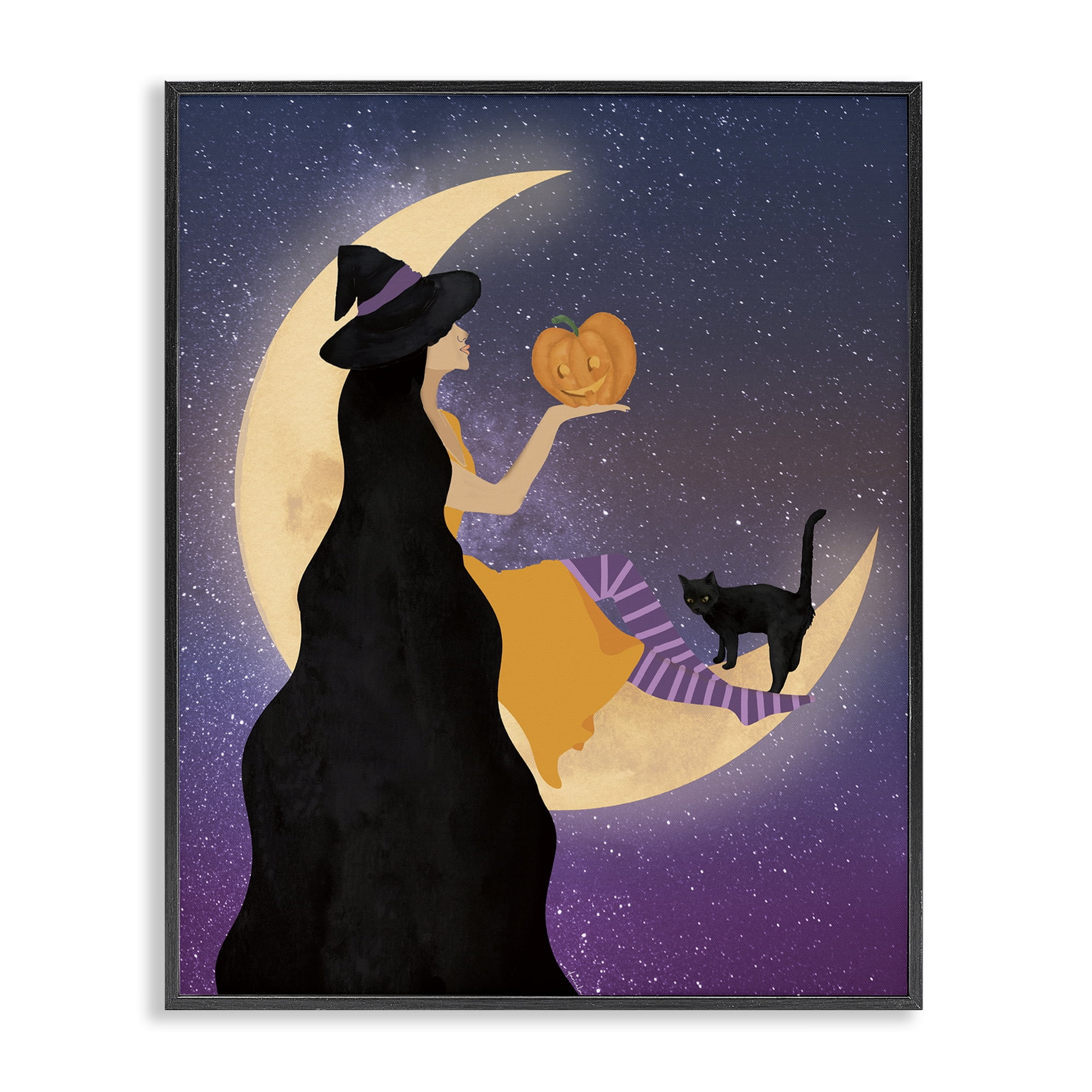 Stupell Industries Moonlit Witch Holding Jack-o-Lantern Black Framed Giclee Art, design by Daniela Santiago