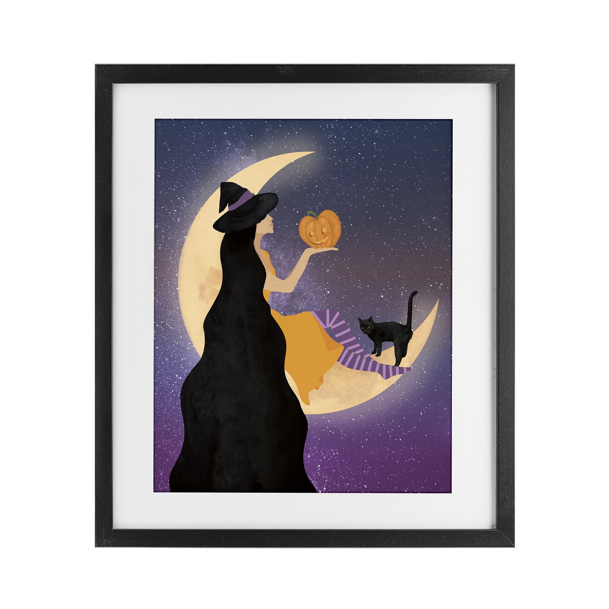 Stupell Industries Moonlit Witch Holding Jack-o-Lantern Black Framed Print Under Glass, design by Daniela Santiago