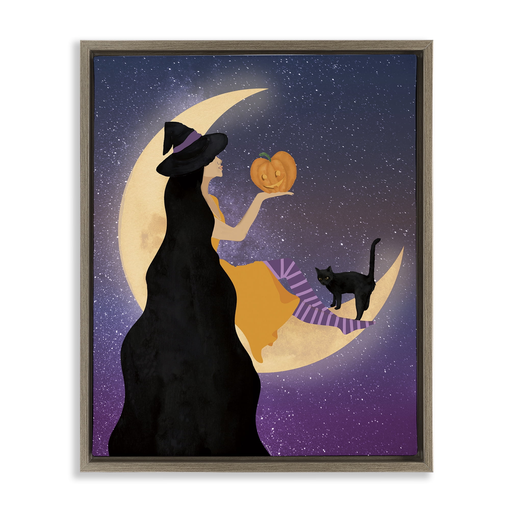 Stupell Industries Moonlit Witch Holding Jack-o-Lantern Brown Framed Floater Canvas Wall Art, design by Daniela Santiago