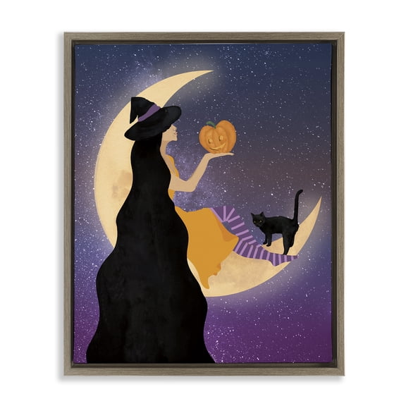 Stupell Industries Moonlit Witch Holding Jack-o-Lantern Brown Framed Floater Canvas Wall Art, design by Daniela Santiago
