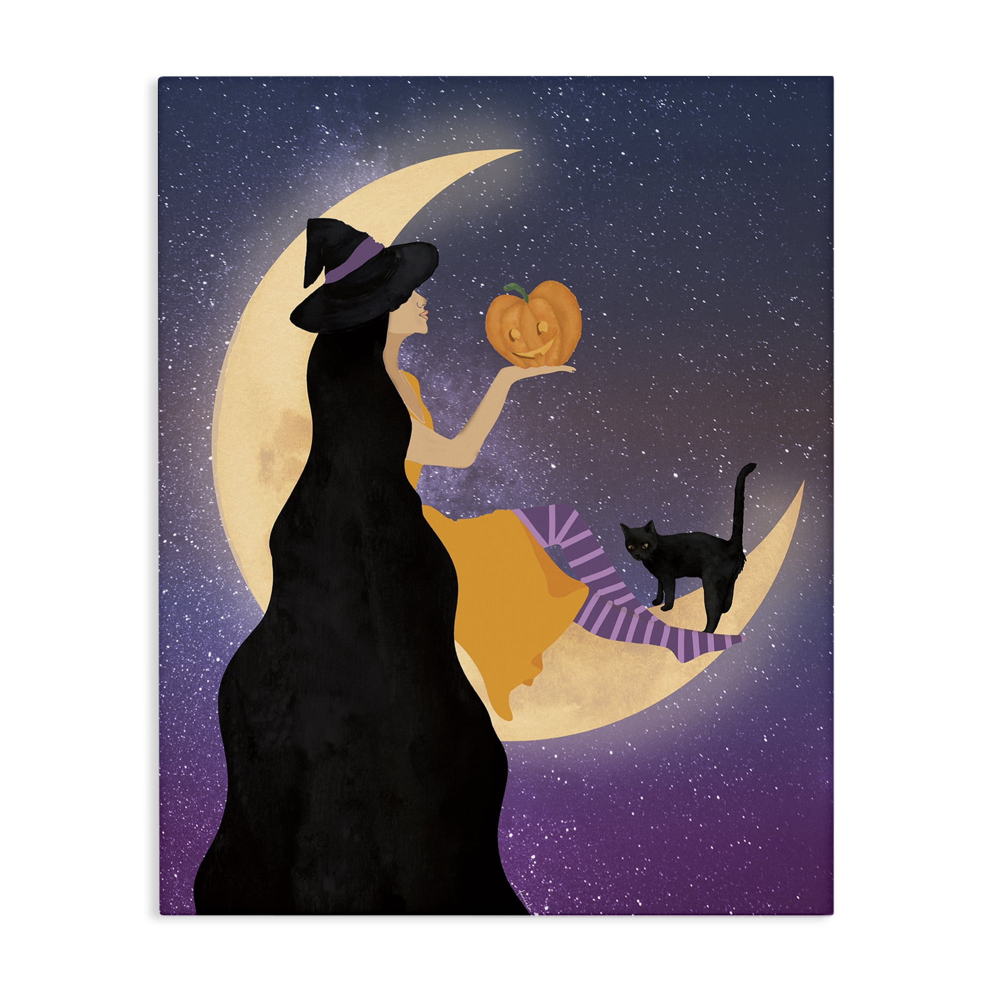 Stupell Industries Moonlit Witch Holding Jack-o-Lantern Canvas Wall Art, design by Daniela Santiago