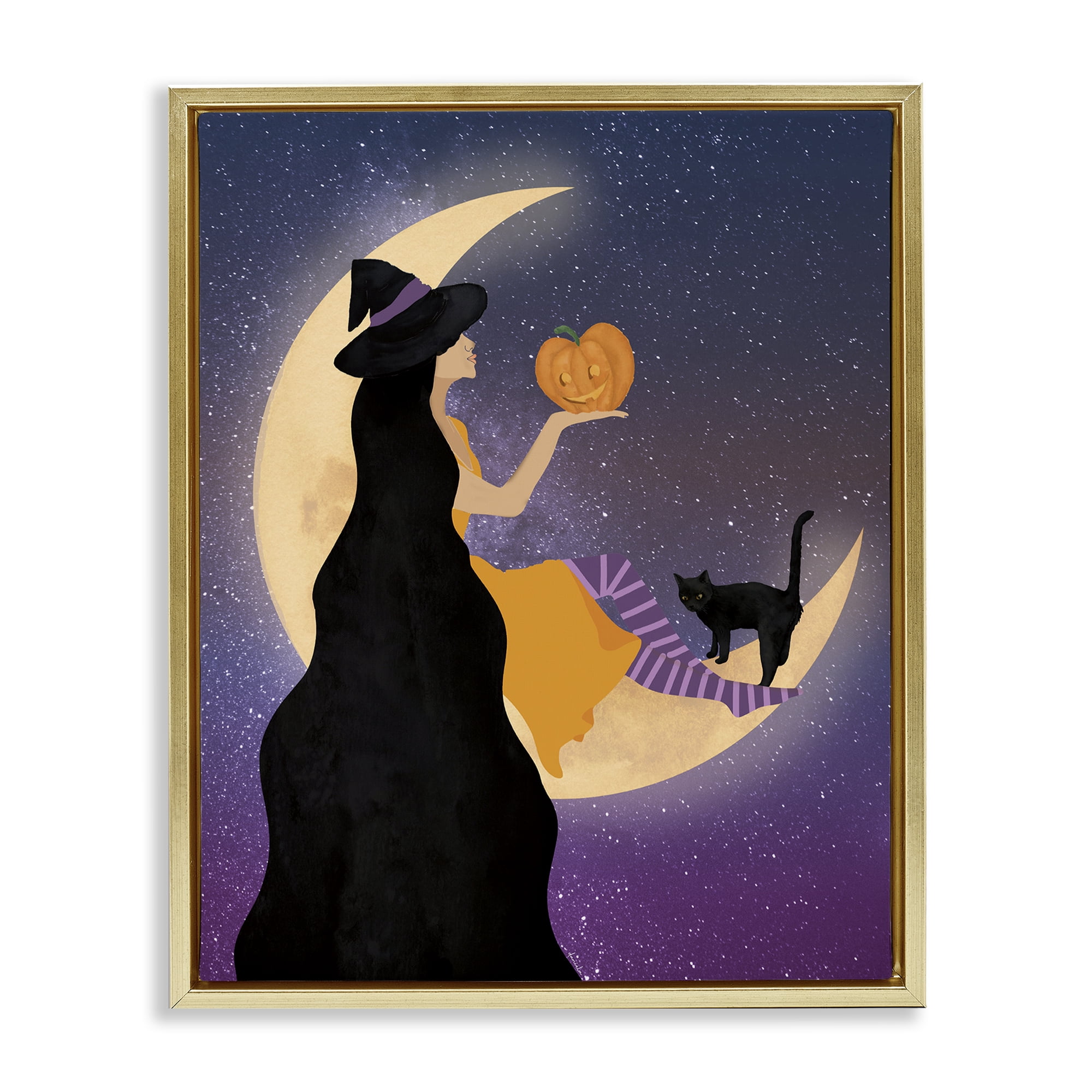 Stupell Industries Moonlit Witch Holding Jack-o-Lantern Gold Framed Floater Canvas Wall Art, design by Daniela Santiago