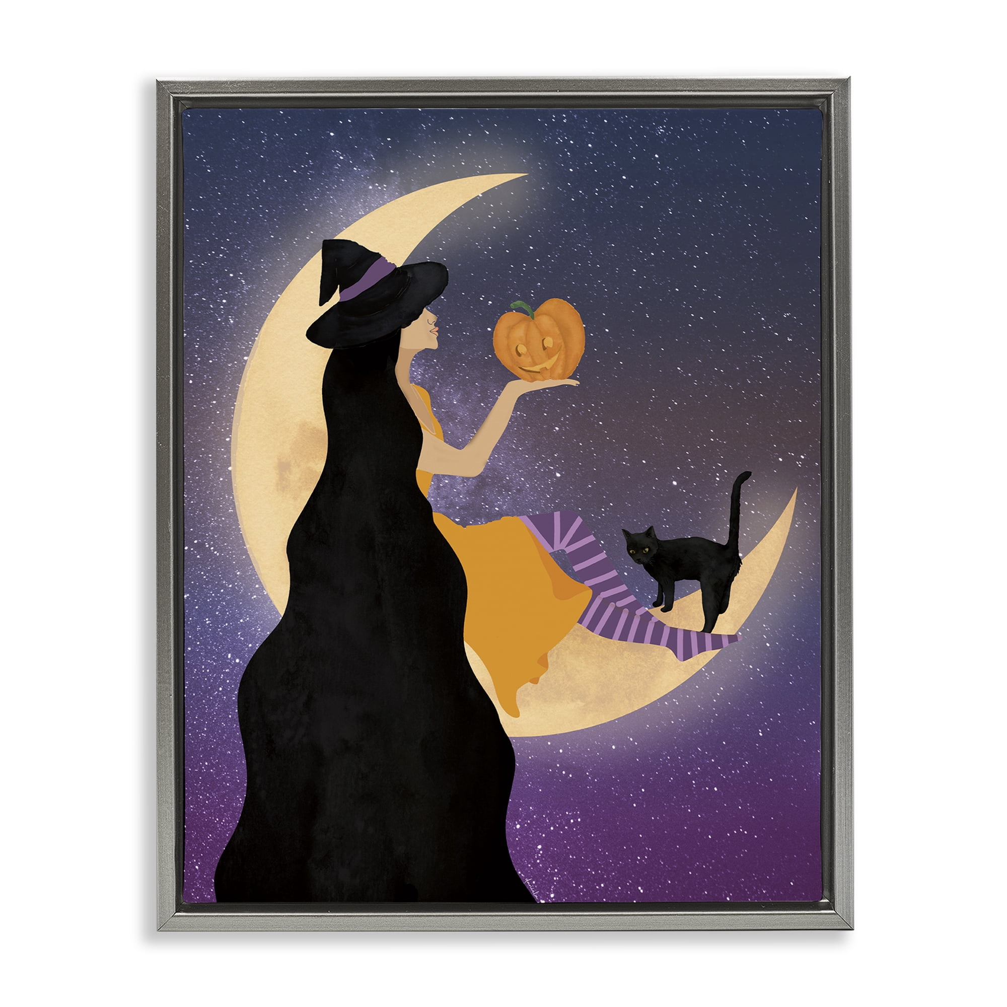 Stupell Industries Moonlit Witch Holding Jack-o-Lantern Gray Framed Floater Canvas Wall Art, design by Daniela Santiago