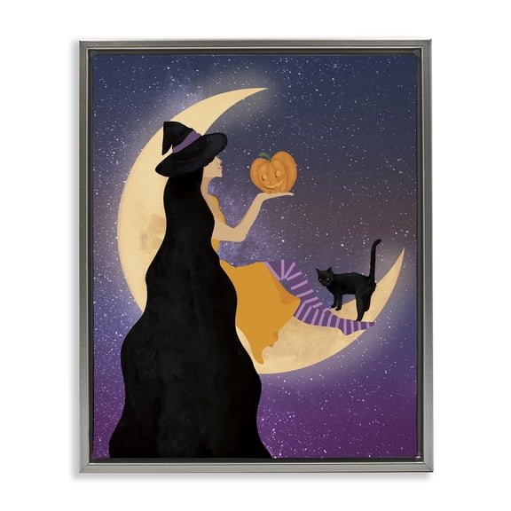 Stupell Industries Moonlit Witch Holding Jack-o-Lantern Gray Framed Floater Canvas Wall Art, design by Daniela Santiago