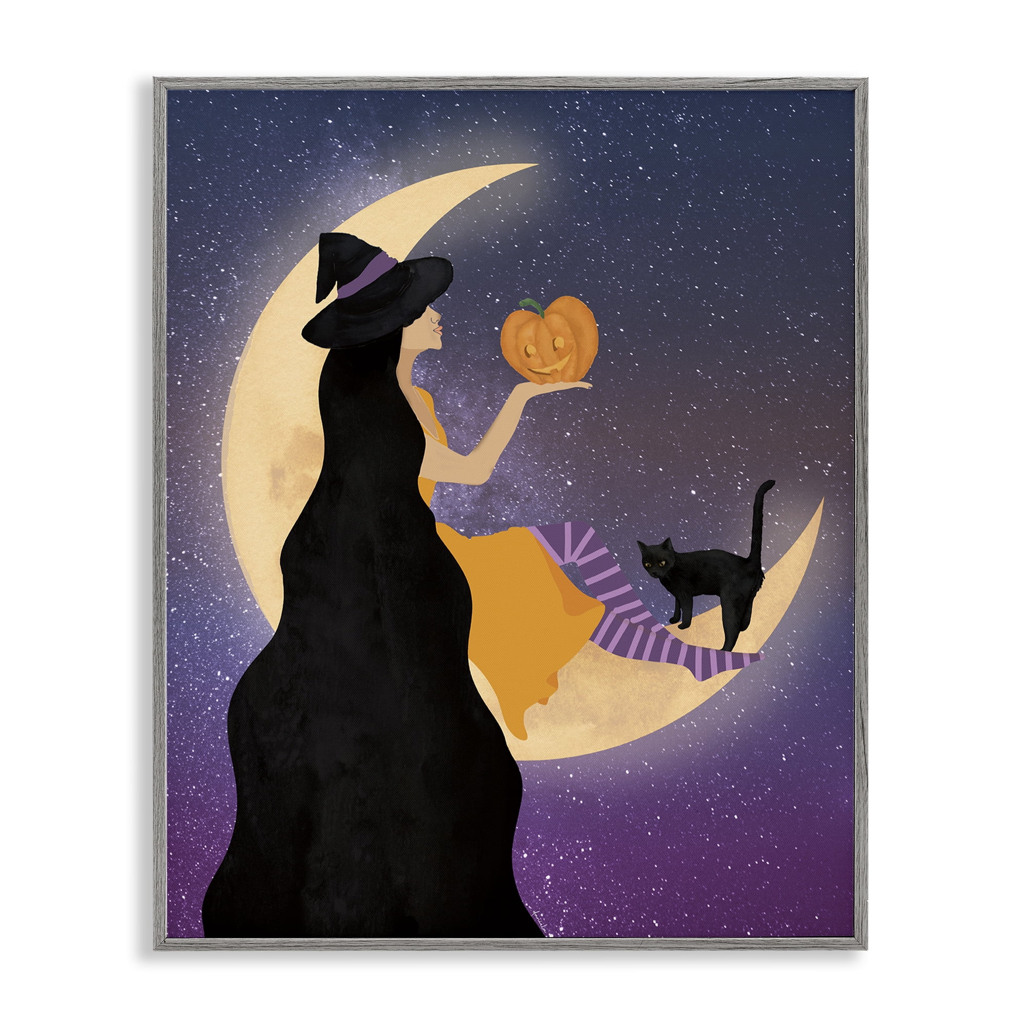 Stupell Industries Moonlit Witch Holding Jack-o-Lantern Gray Framed Giclee Art, design by Daniela Santiago